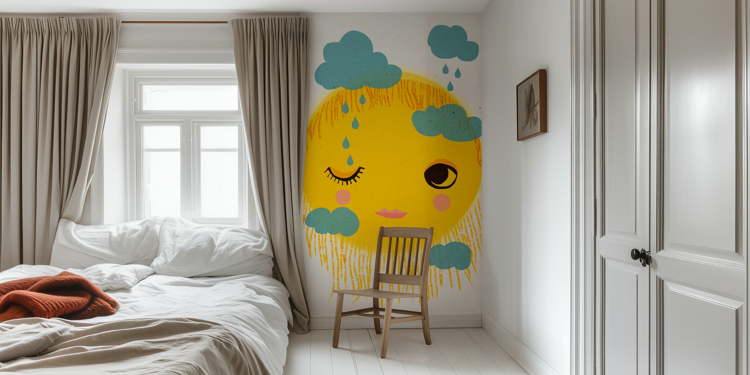 Colorful sun and rain illustration with blue clouds wallpaper
