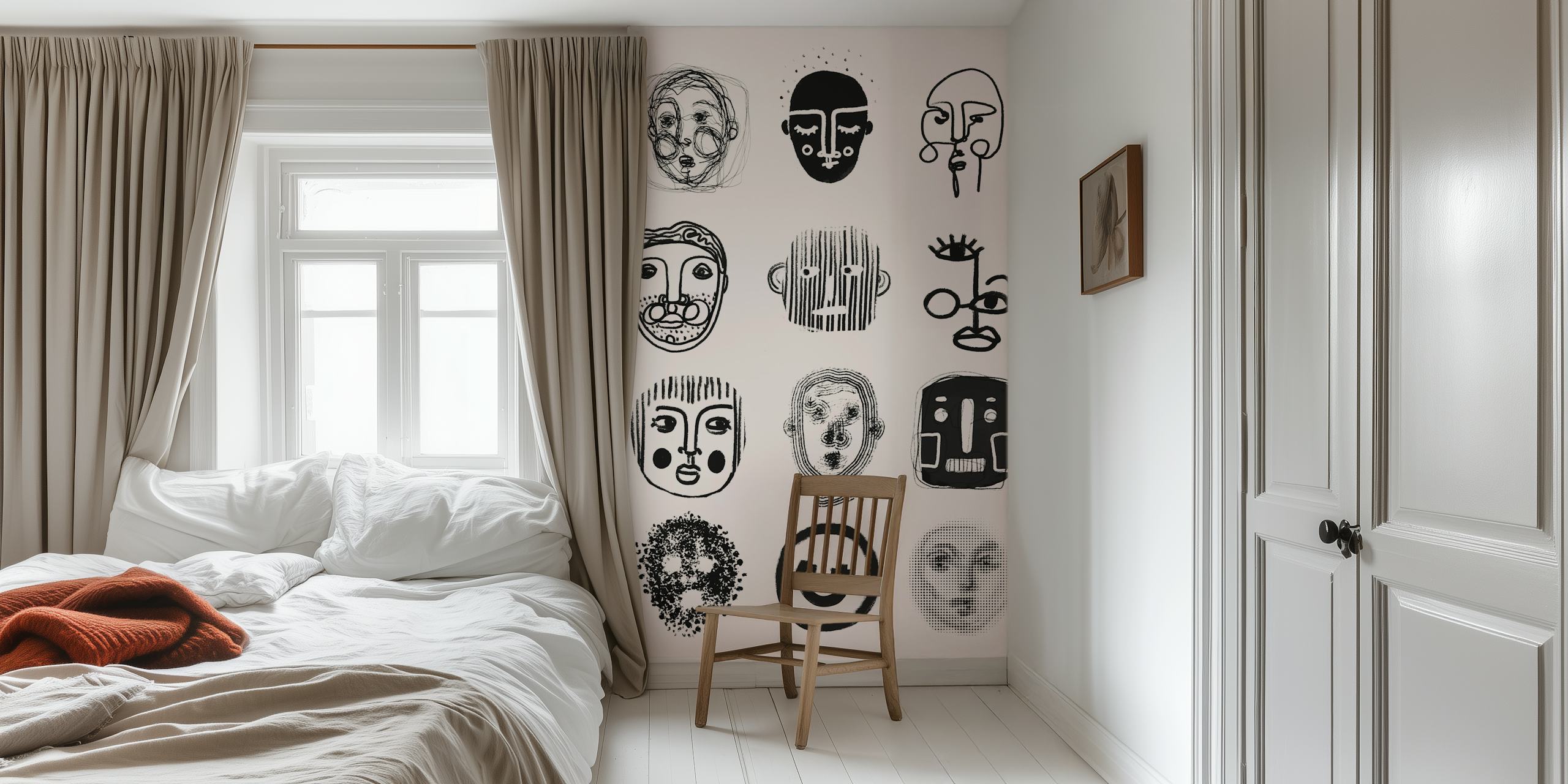 Abstract face wallpaper design in a room