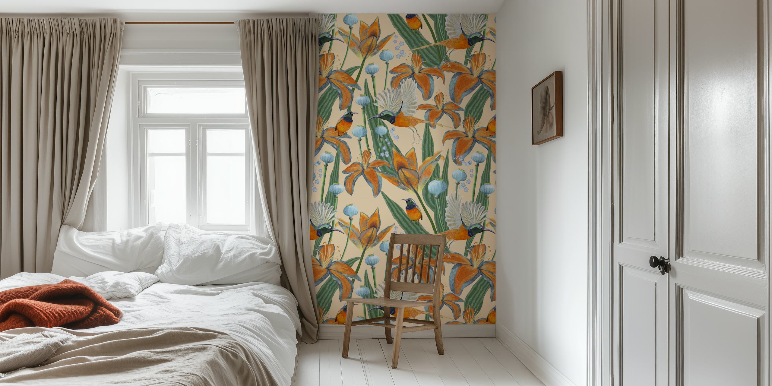 A wall mural with bee-eater birds and sunflowers in a botanical illustration style