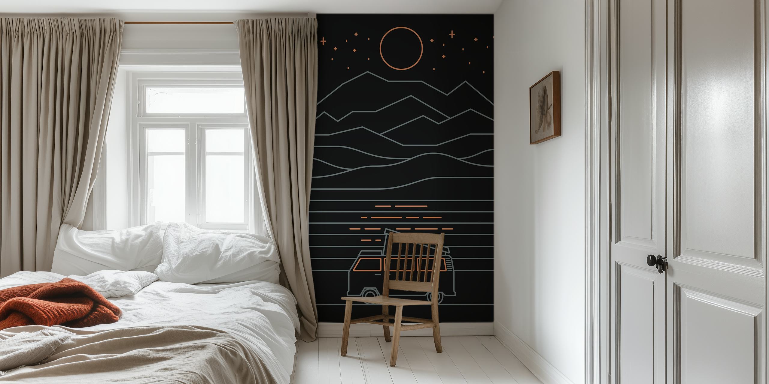 Vintage van against mountains and starry night wallpaper