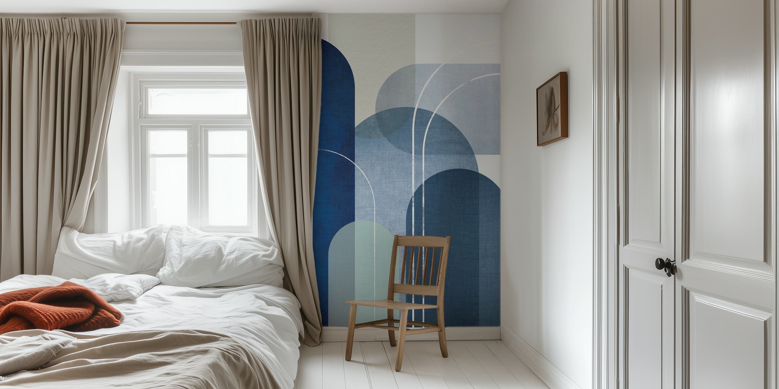Blue geometric abstract shapes wallpaper with textured linen look