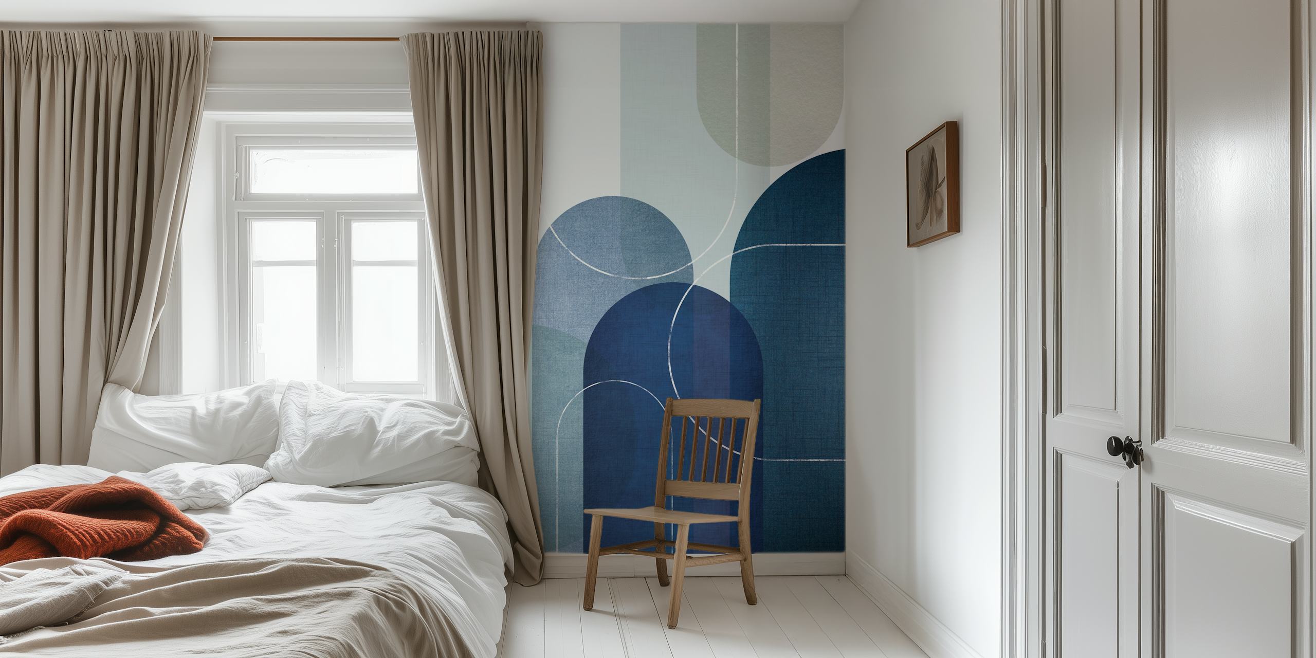 Mid Century Blue Linen 3 wall mural with abstract geometric shapes