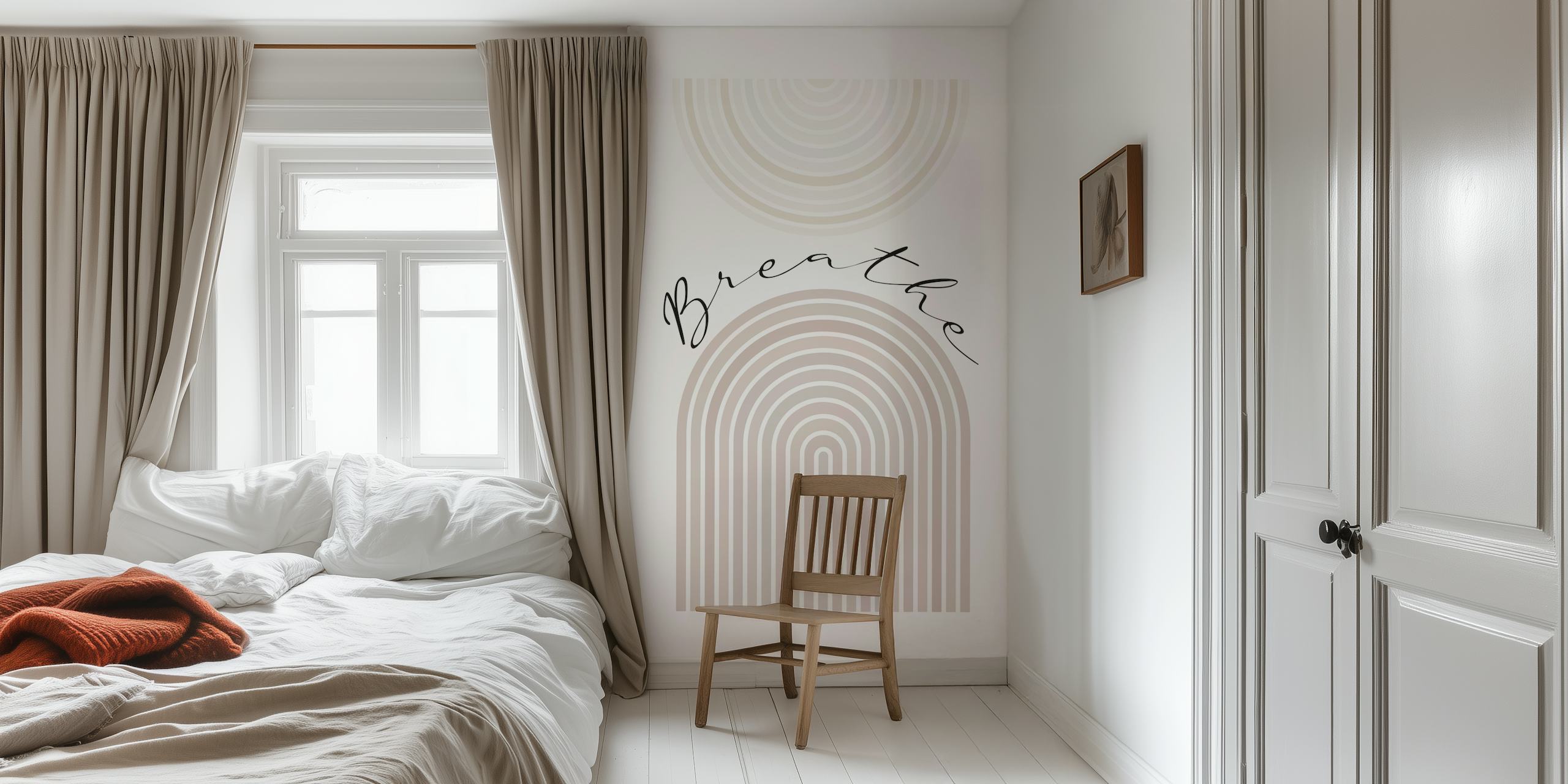 Neutral arched lines with text 'Breathe' in black ink wallpaper