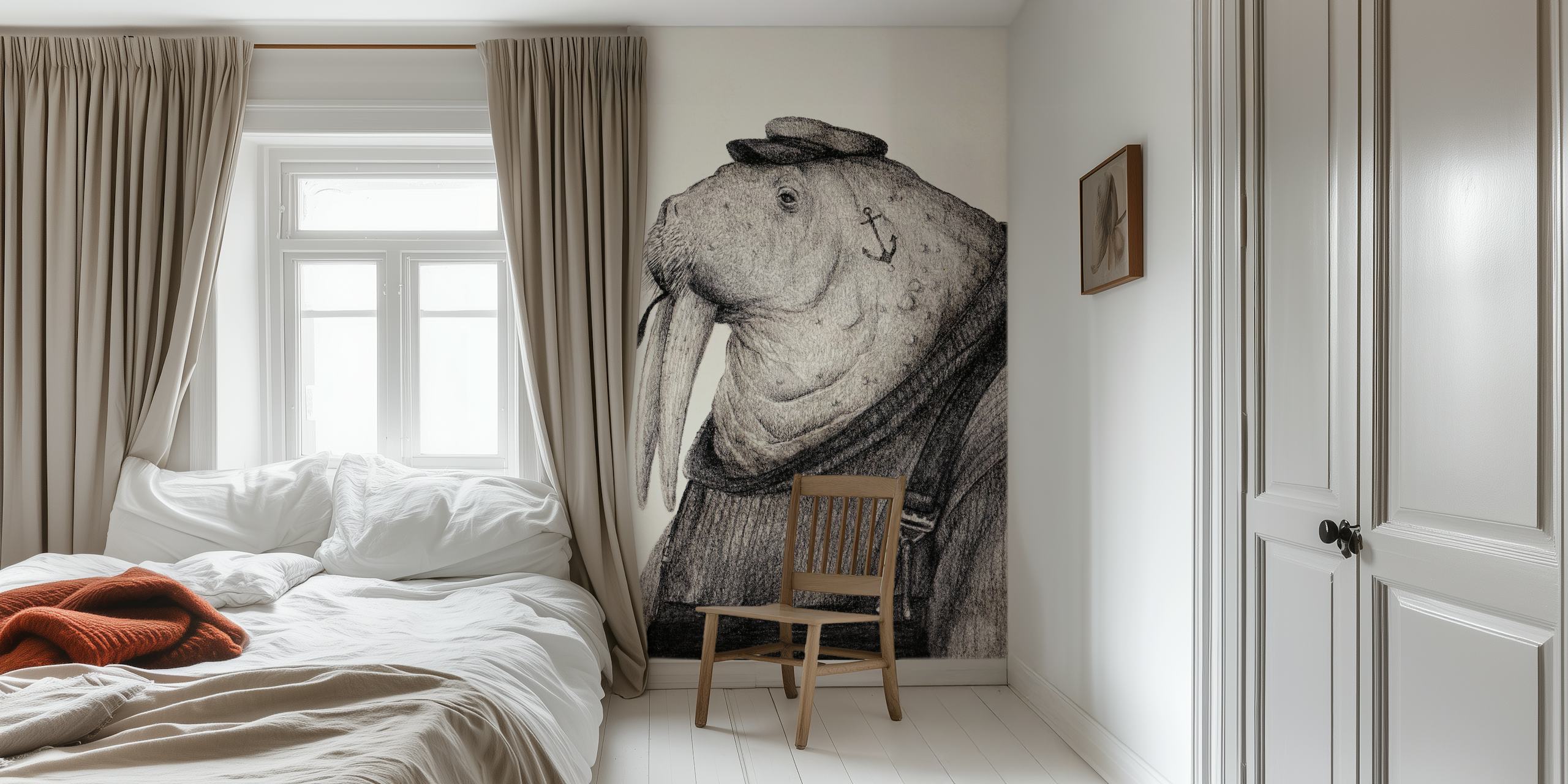 Skurriles Walross-Matrosen-Illustrations-Wandbild
