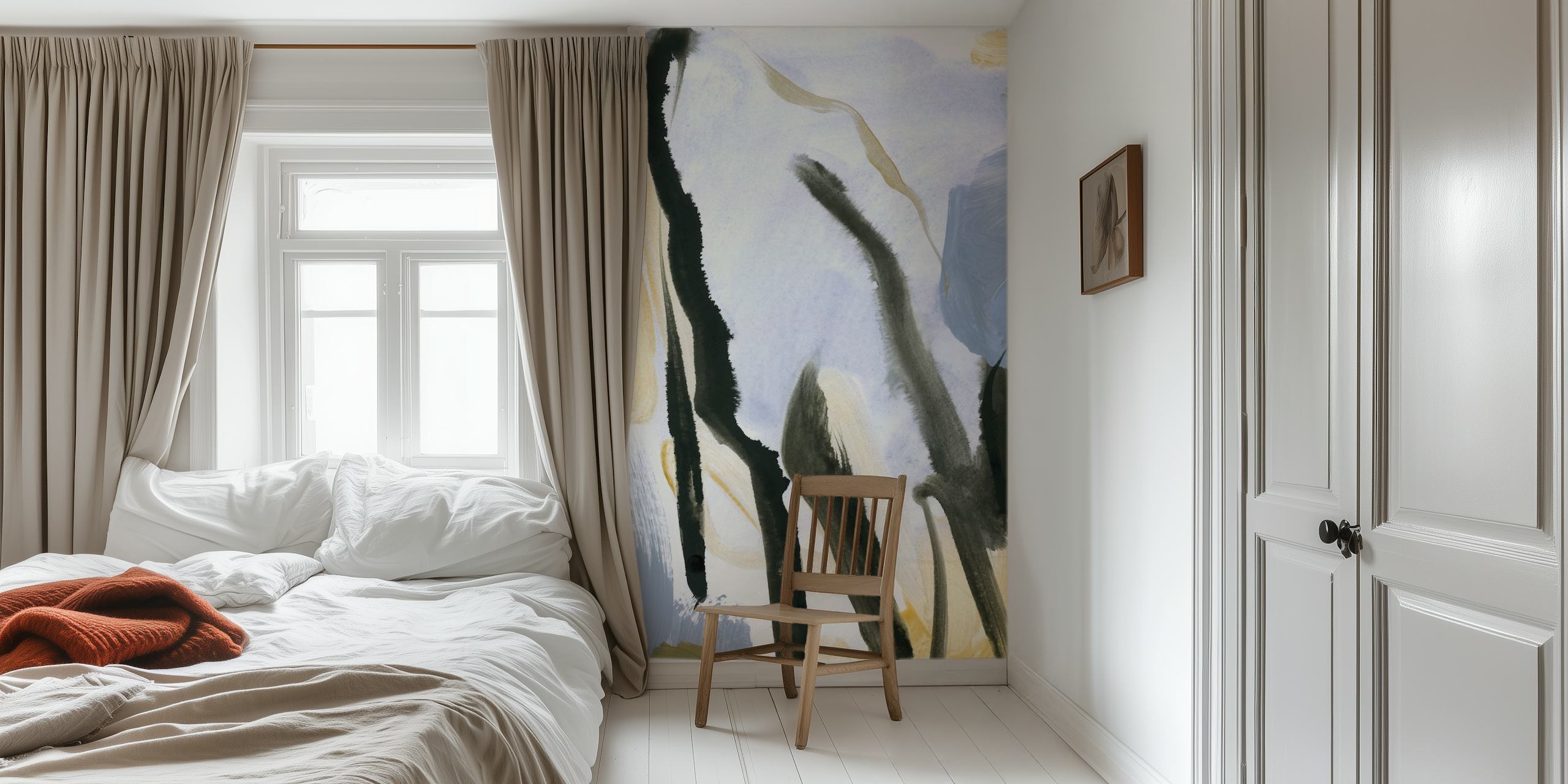 Abstract brush strokes in blue, black, and beige wallpaper