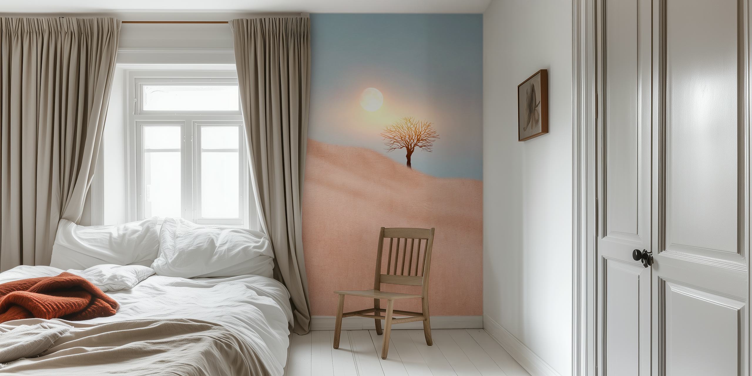 Solitary tree on a pastel beige backdrop under a soft sunlit sky wall mural