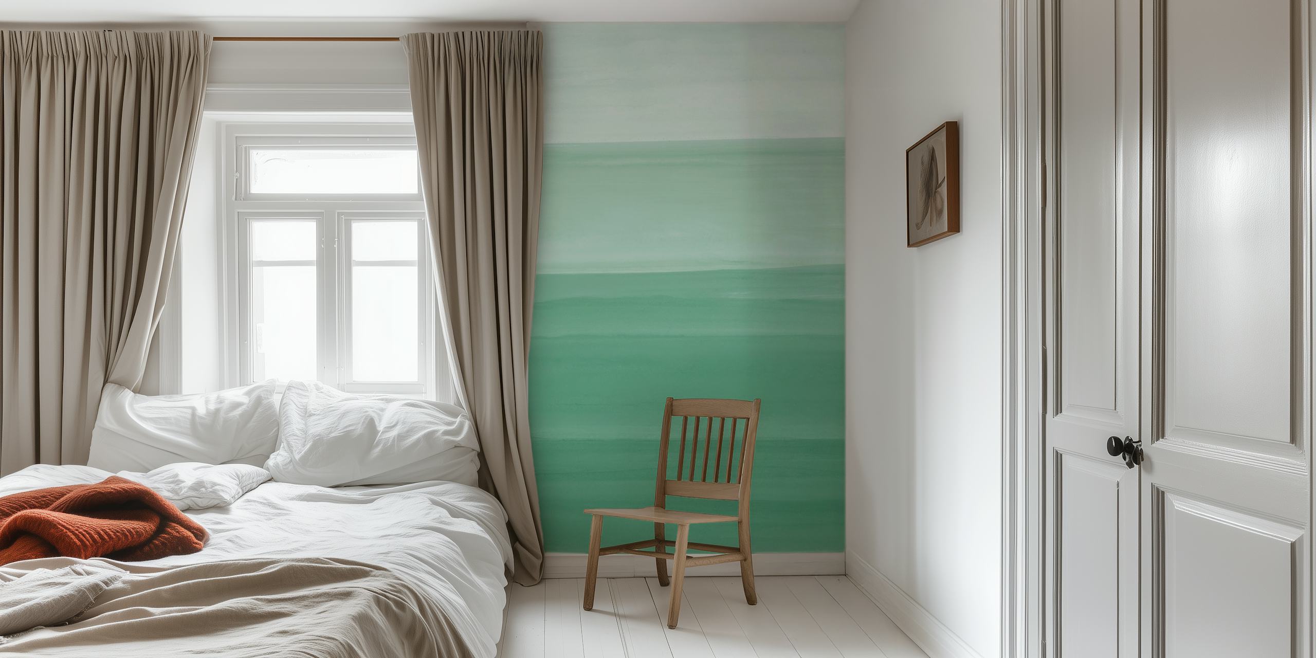 Green watercolor wallpaper in a room