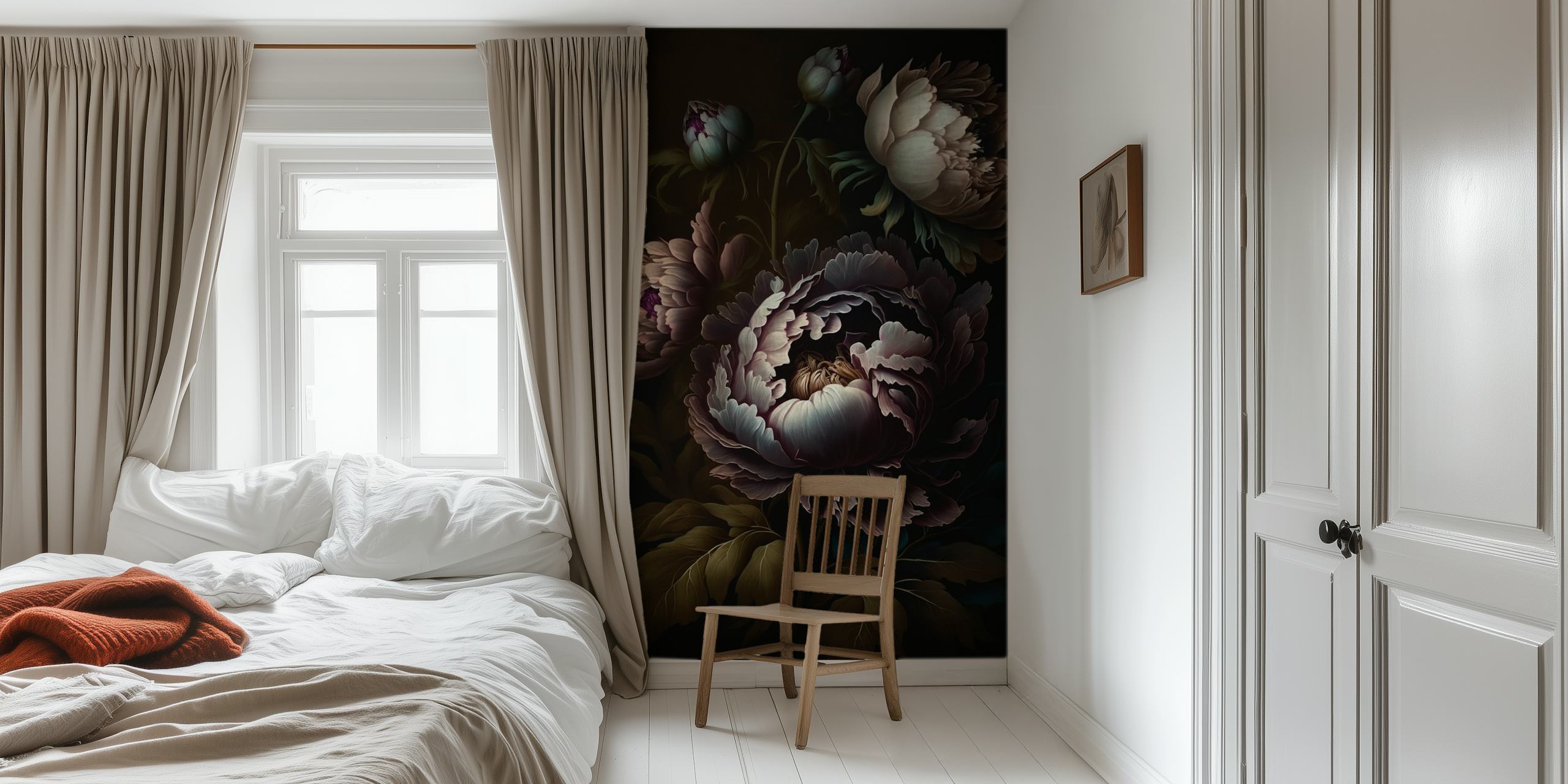Midnight moody floral wallpaper in a room