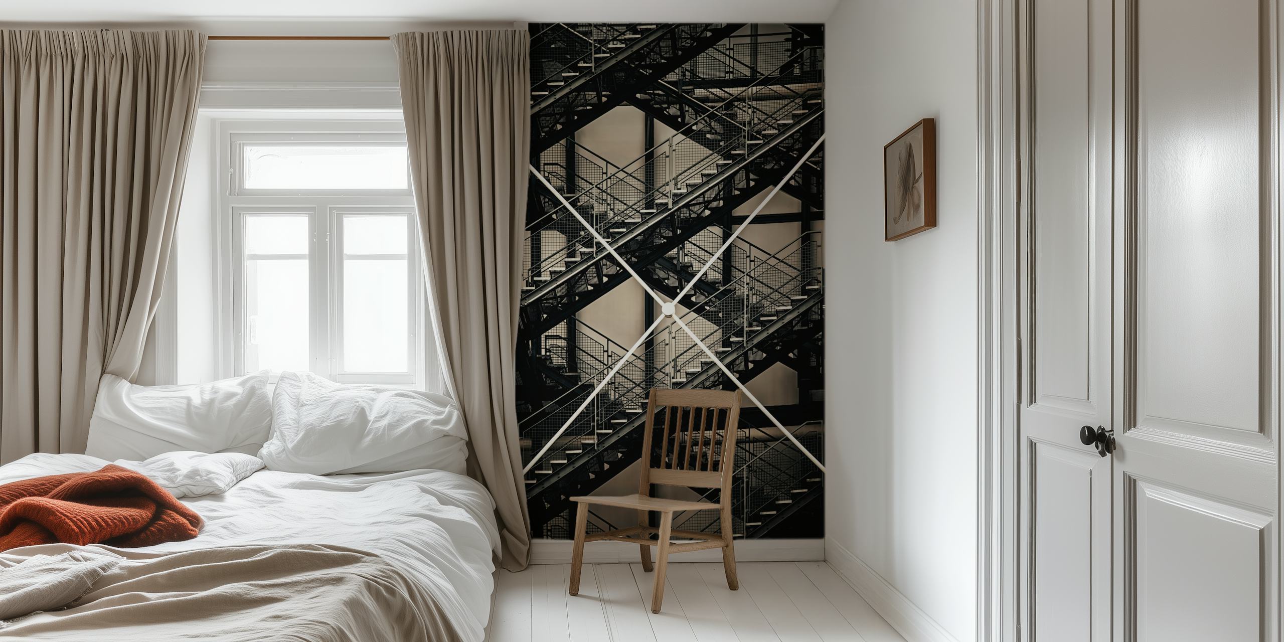 Into The City wall mural with black and white scaffolding design