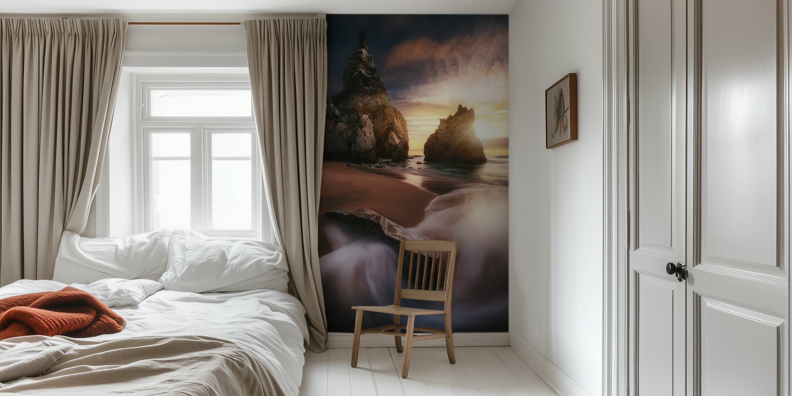 Serene beach and cliffside wall mural with sunset and waves