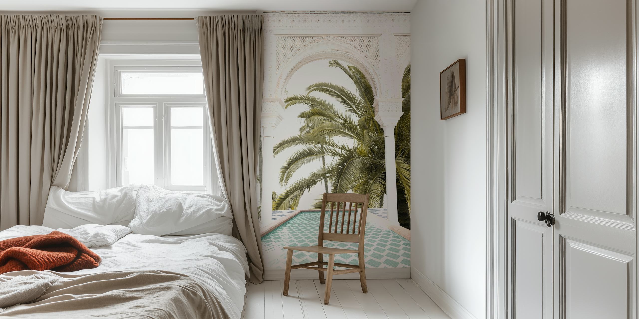 Tropical palm trees and geometric tile design wallpaper