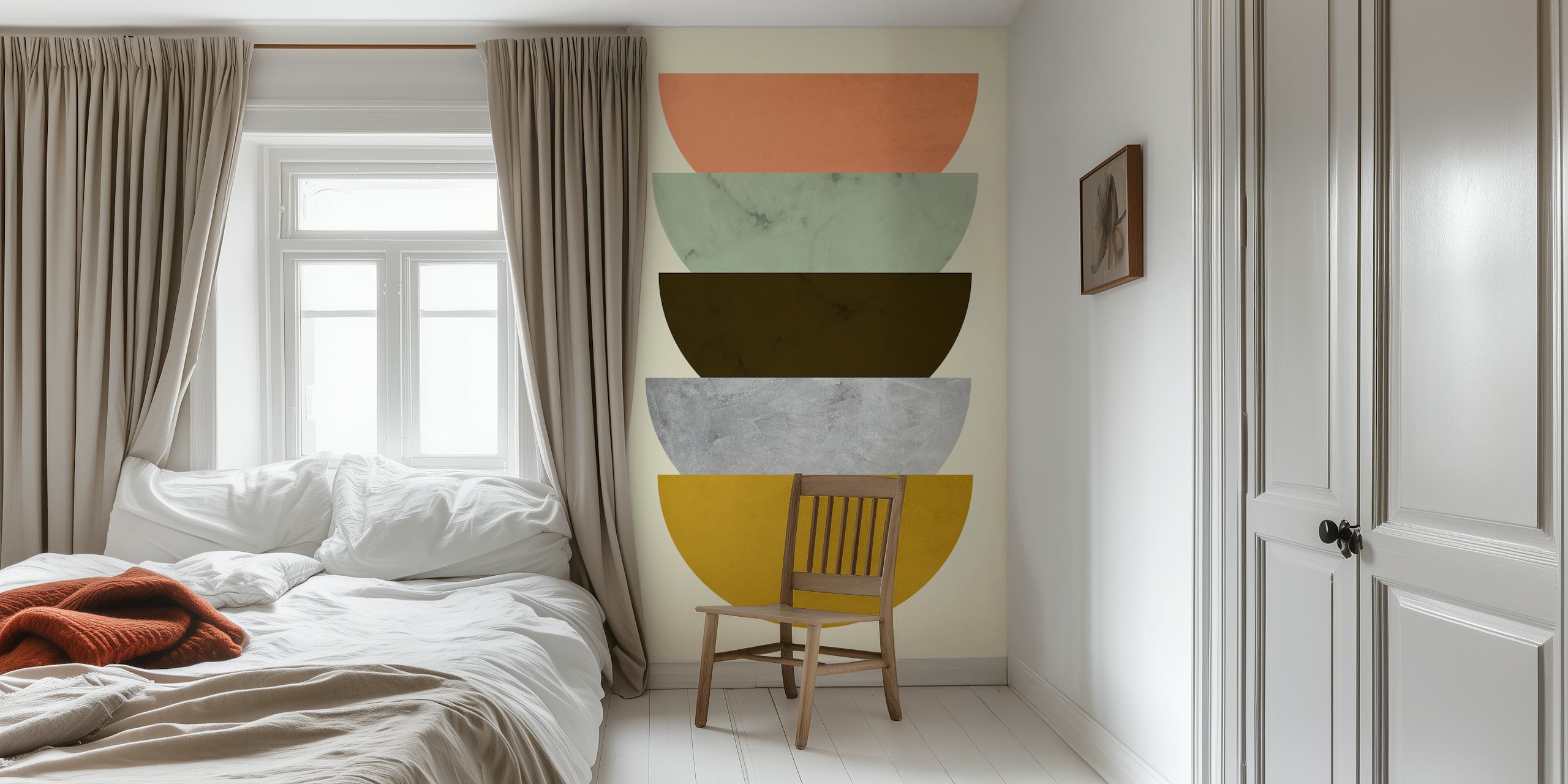 Geometric half-circle design in peach, green, brown, gray, and yellow wallpaper