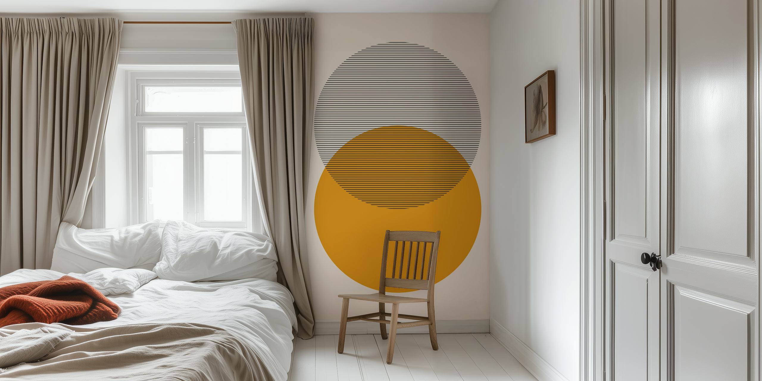 Mid Century Modern Shapes i gult vægmaleri med overlappende geometriske cirkler
