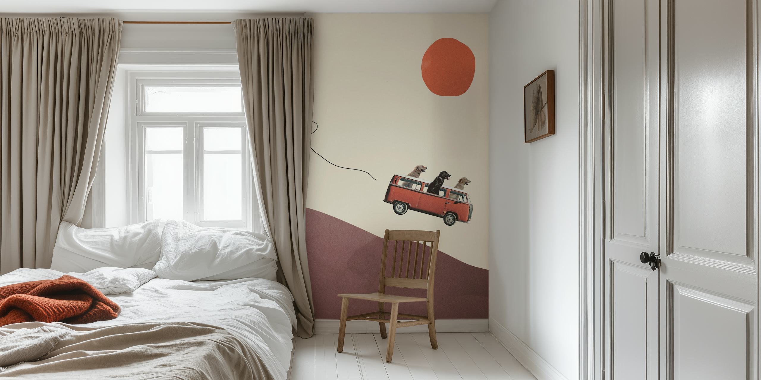 Three dogs in a red van against a pastel background wall mural