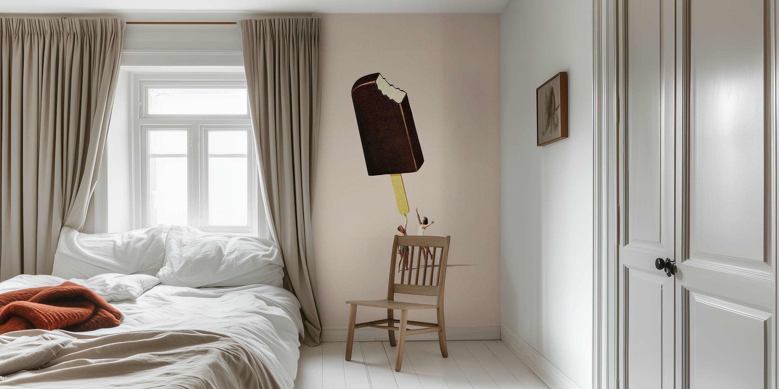 Illustration of two small people with a giant ice cream bar on a pale pink background