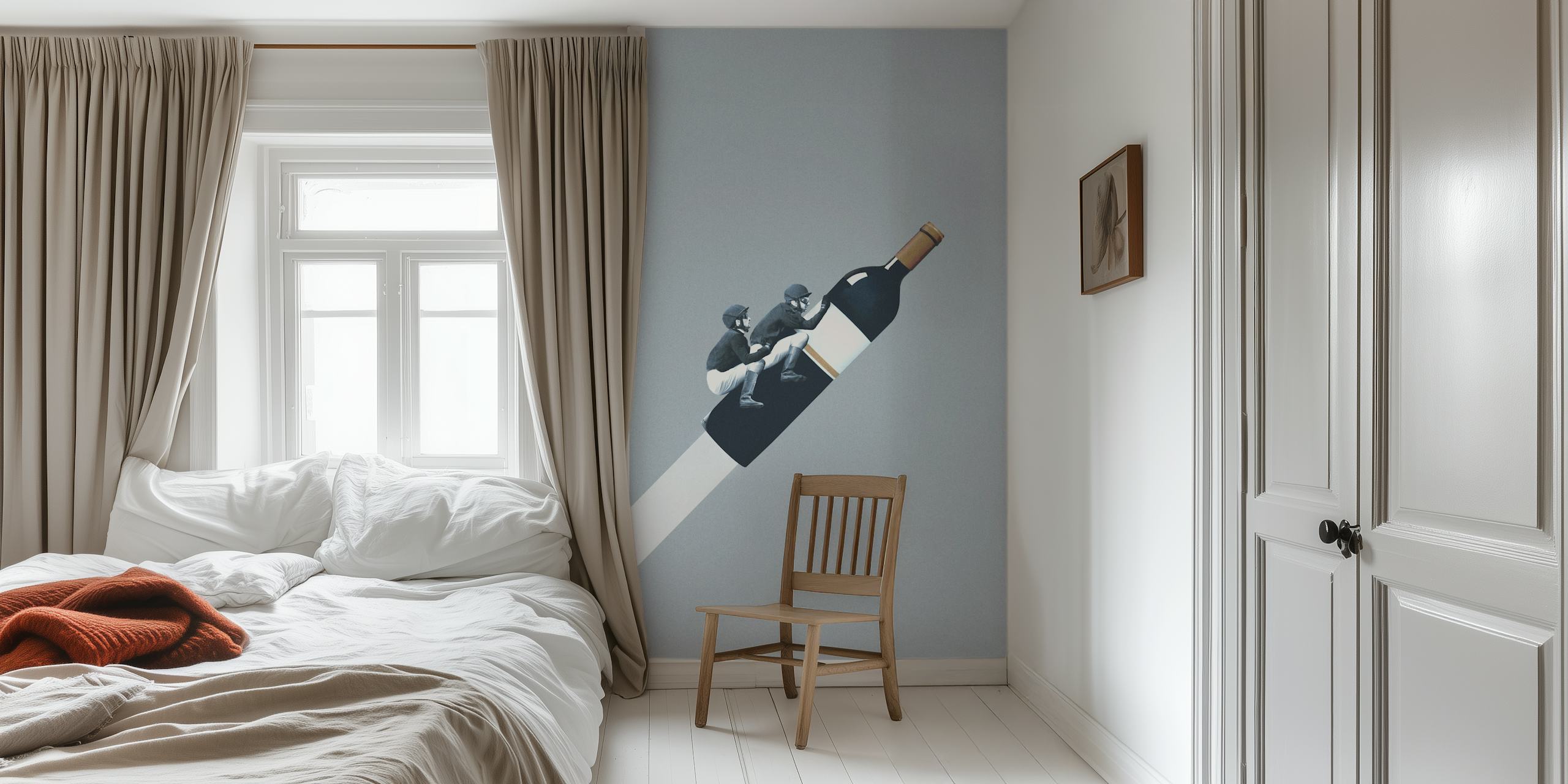 Nadrealni zidni mural s minijaturnim figurama koje jašu na cigareti