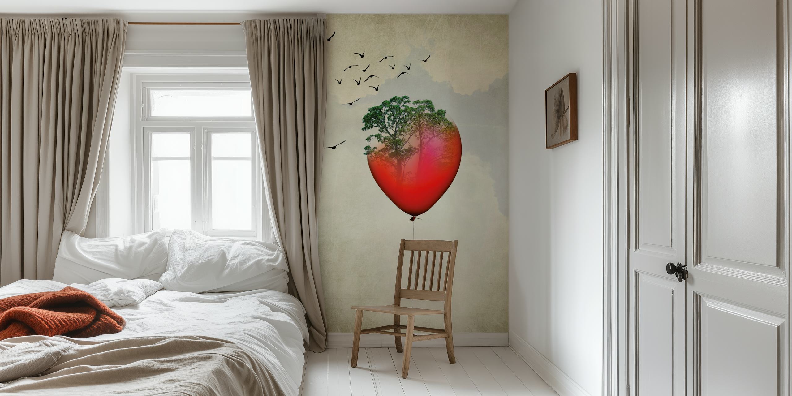 Red balloon with tree design and birds mural wallpaper