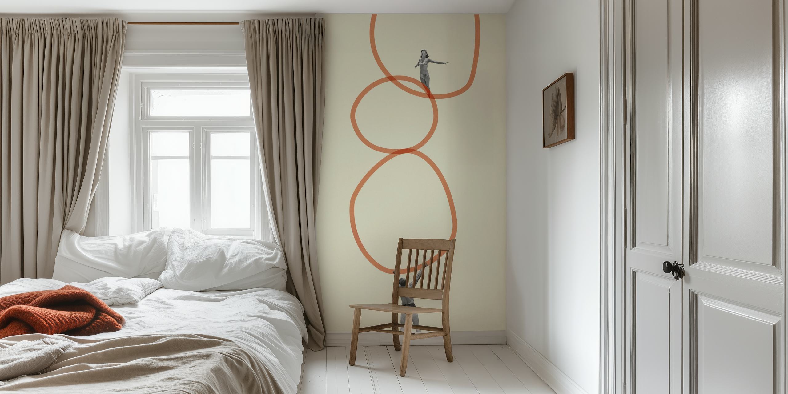 Abstract beige wallpaper with human figures and orange circles