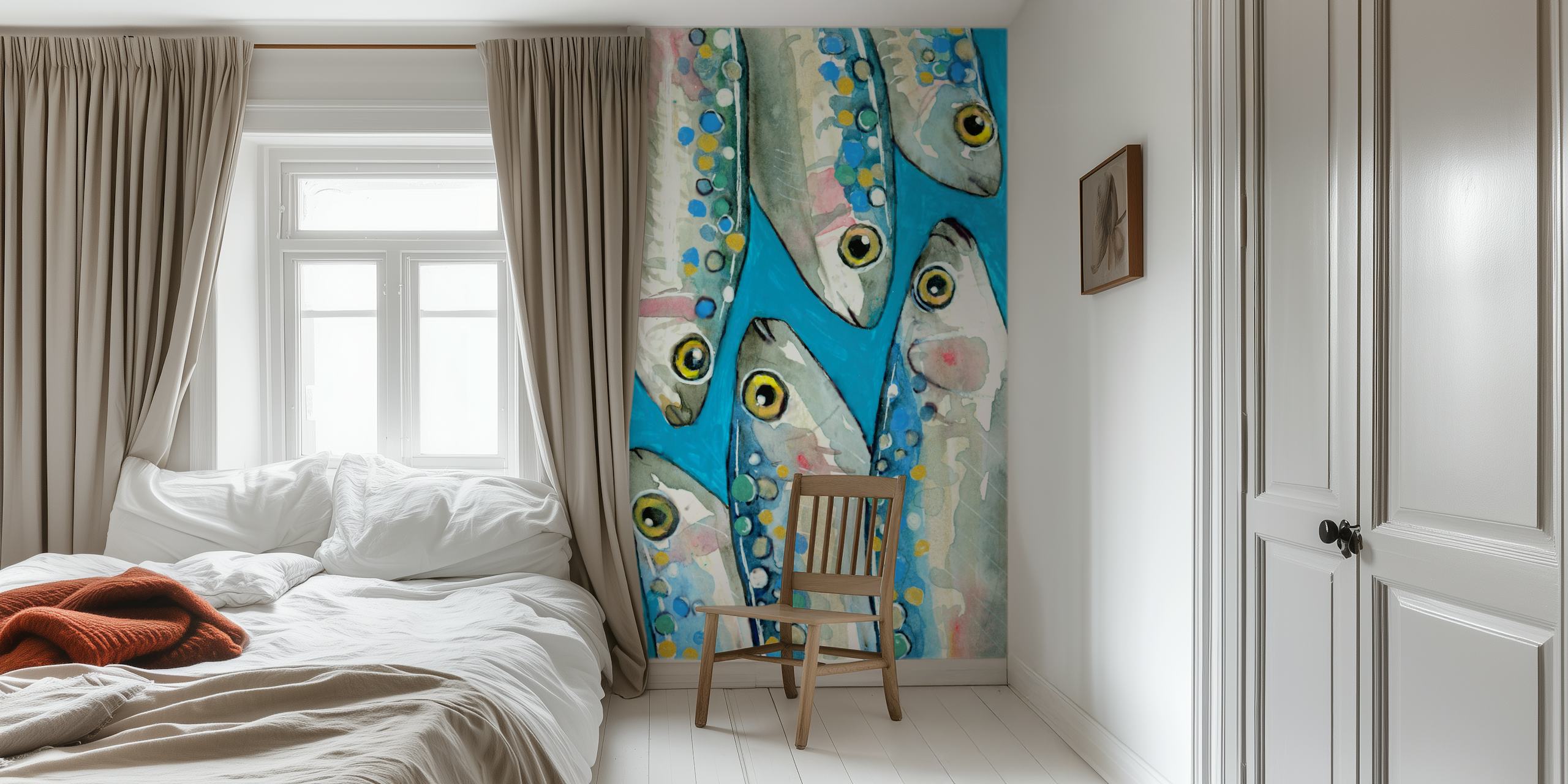 Håndmalt fisketapet med blå akvarellbakgrunn