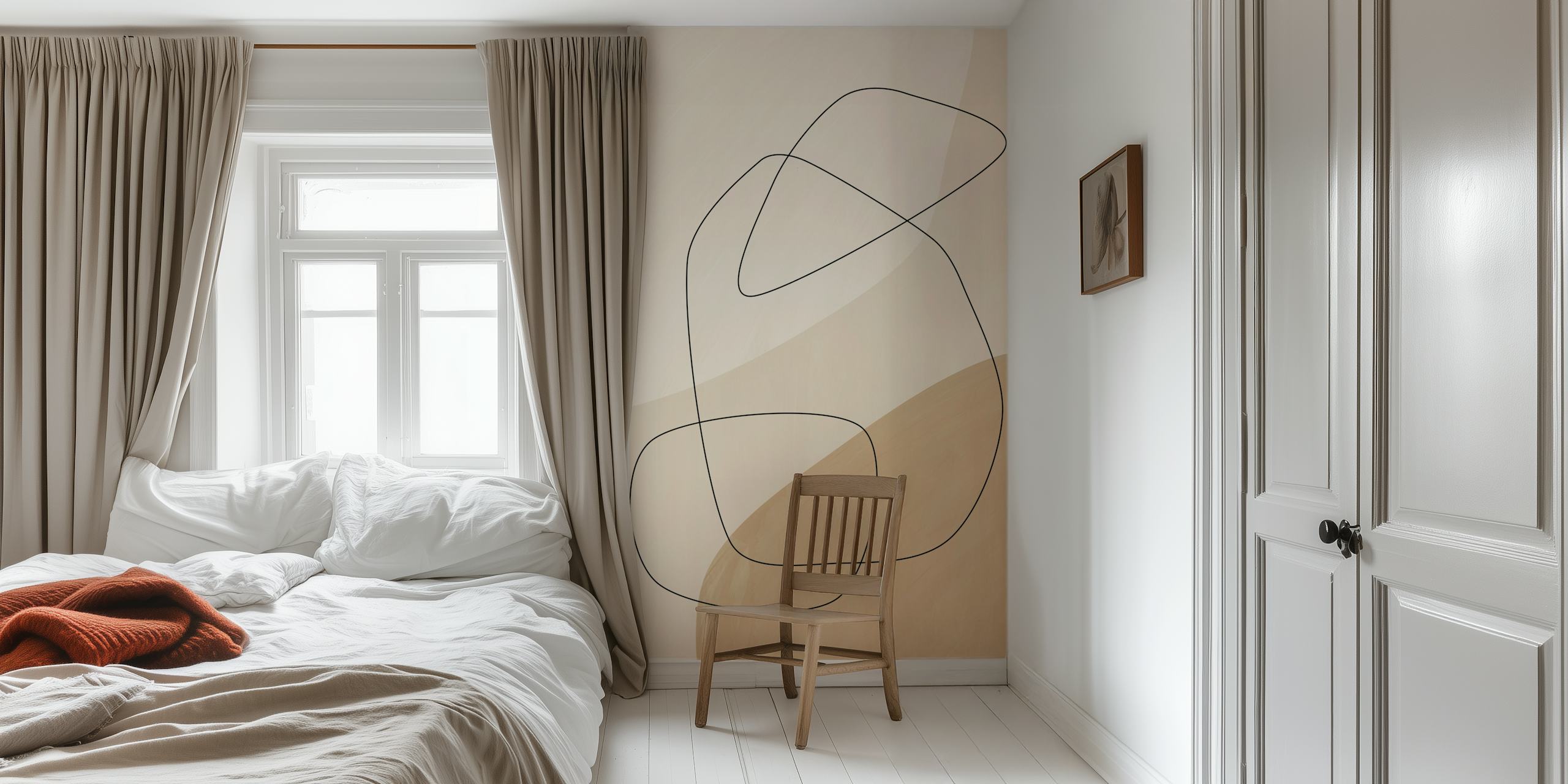 Abstract line art shapes in muted beige and brown colors wallpaper