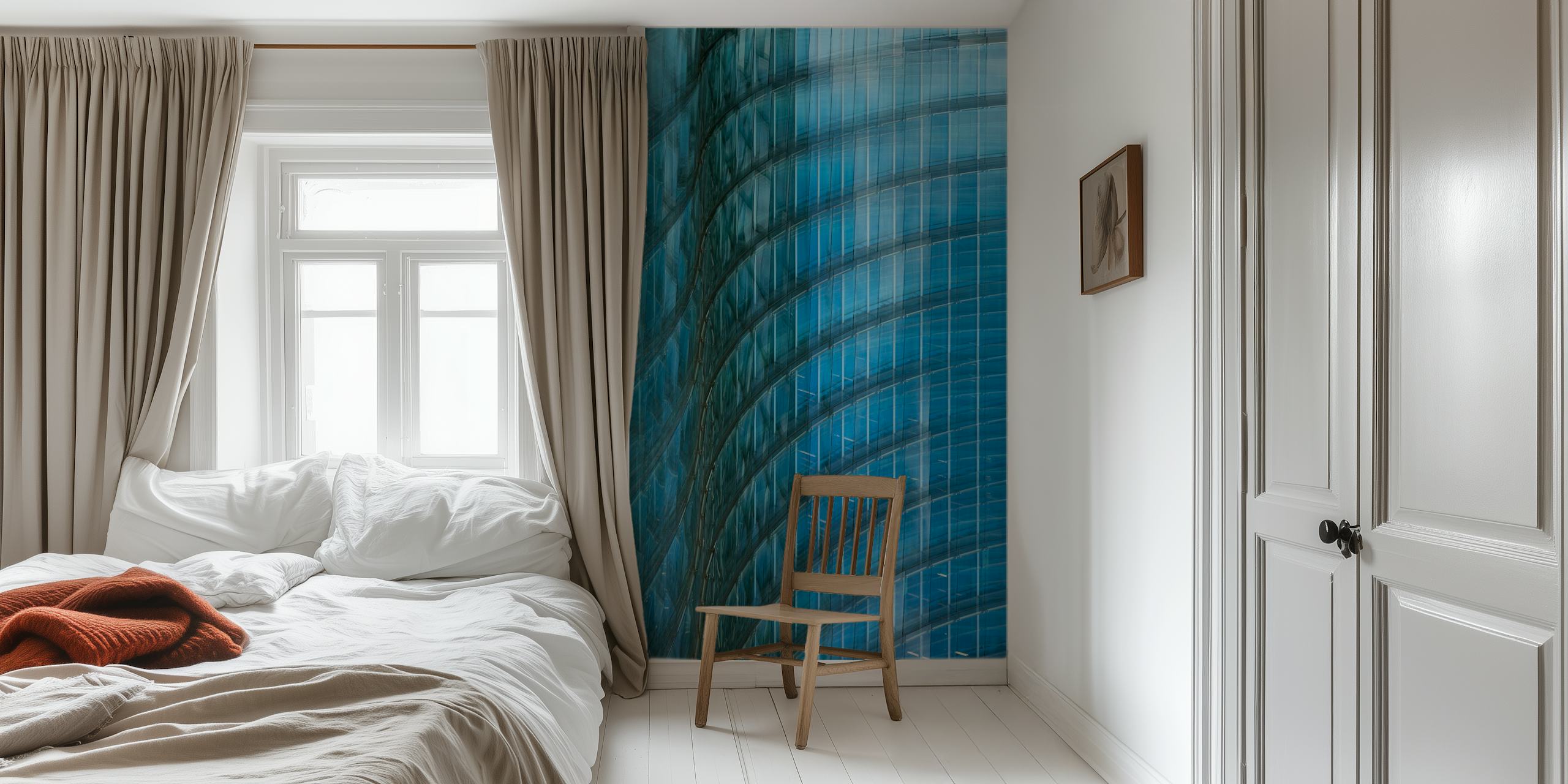 Dynamic blue wave patterns on textured wallpaper