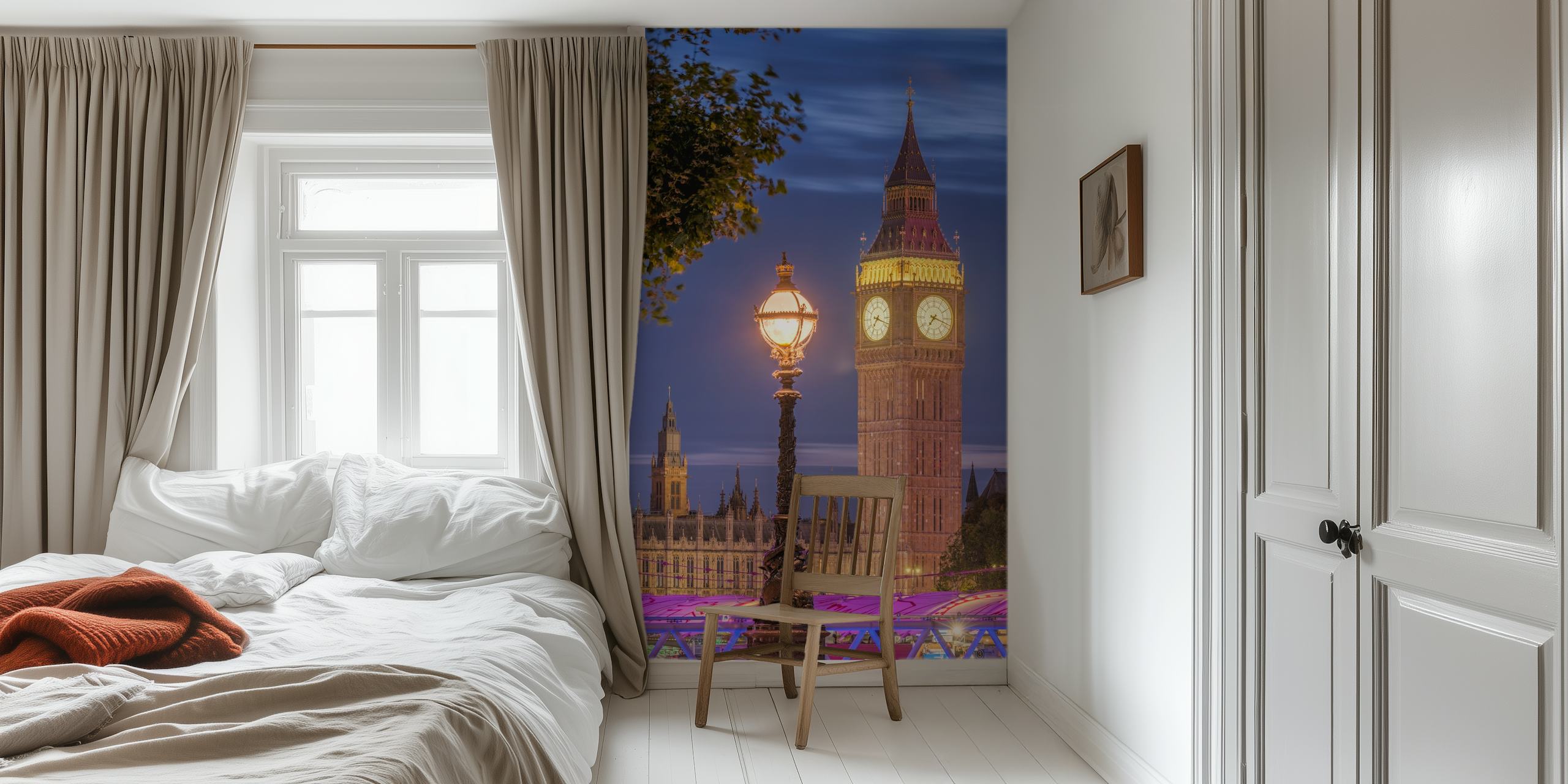 Night view of Big Ben and historic buildings against a blue sky wallpaper