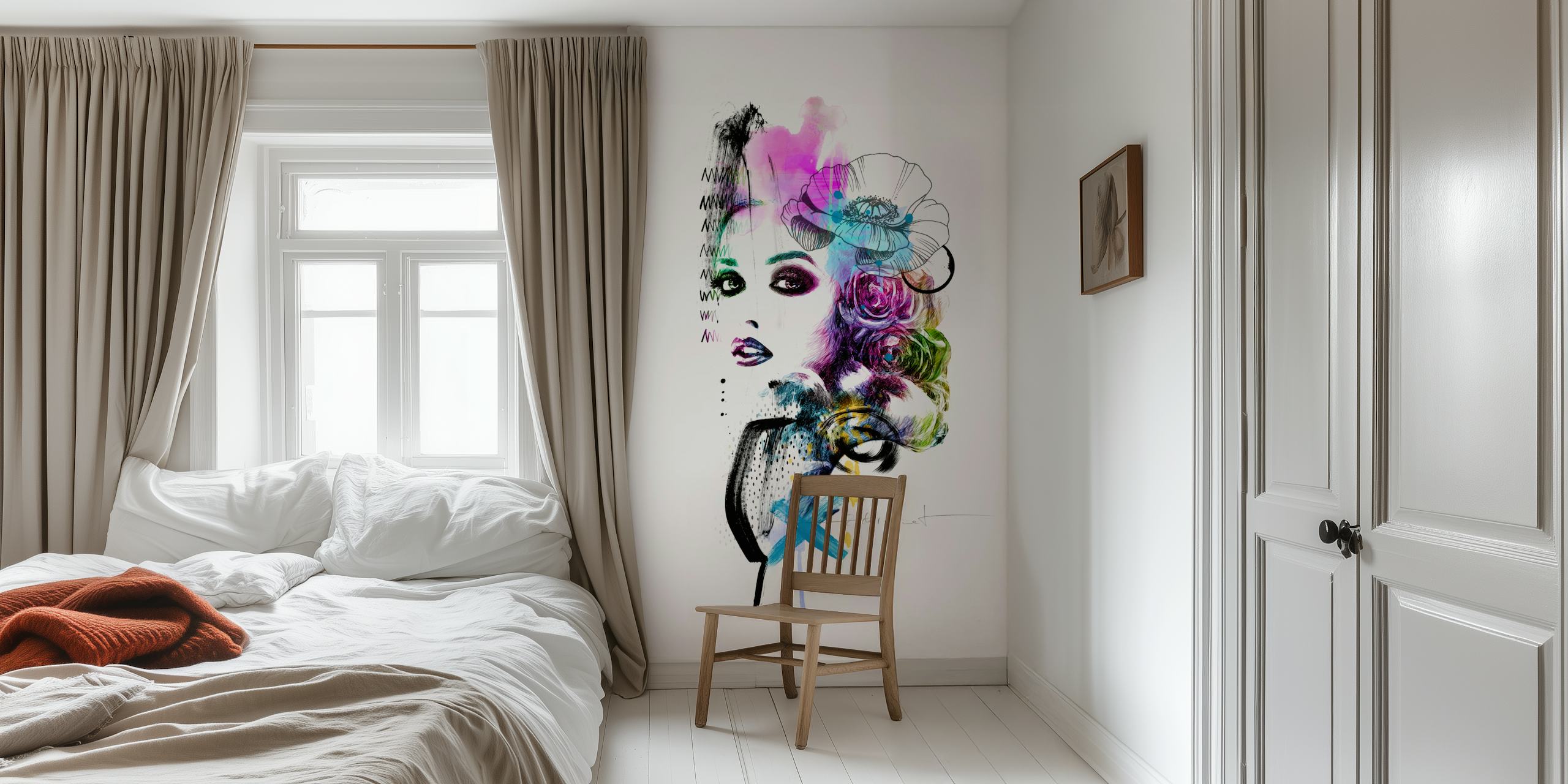 Colorful floral portrait illustration with pink, blue, and green hues wallpaper