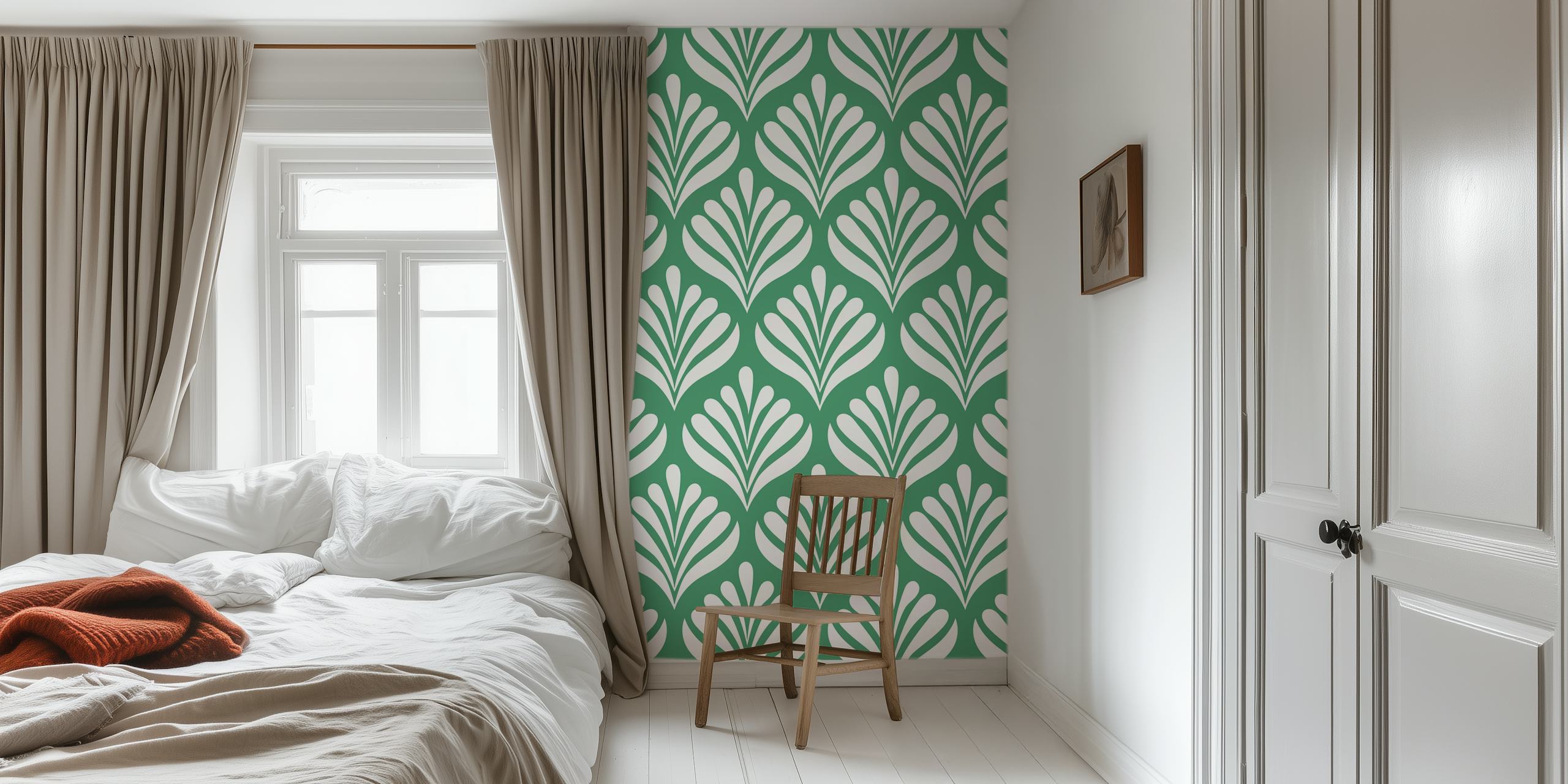 Papier peint avec des fleurs blanches sur un fond vert