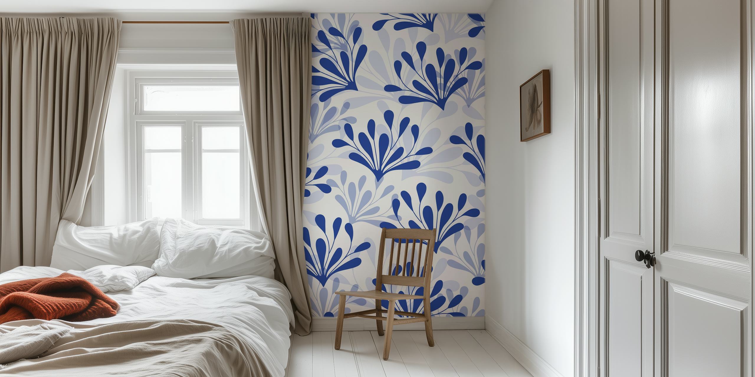 Blue floral pattern on white background wallpaper