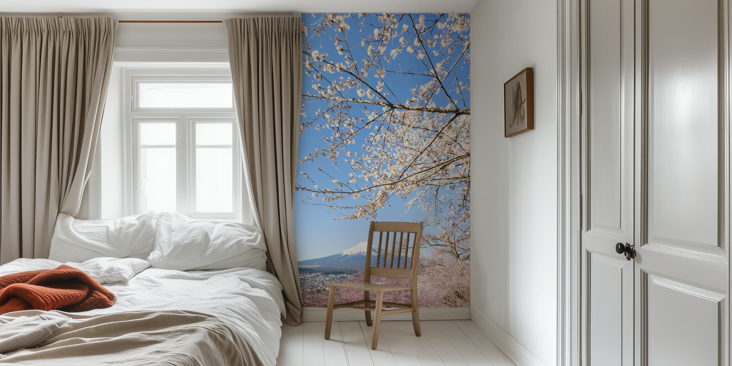 Mount Fuji surrounded by cherry blossoms and blue sky wallpaper