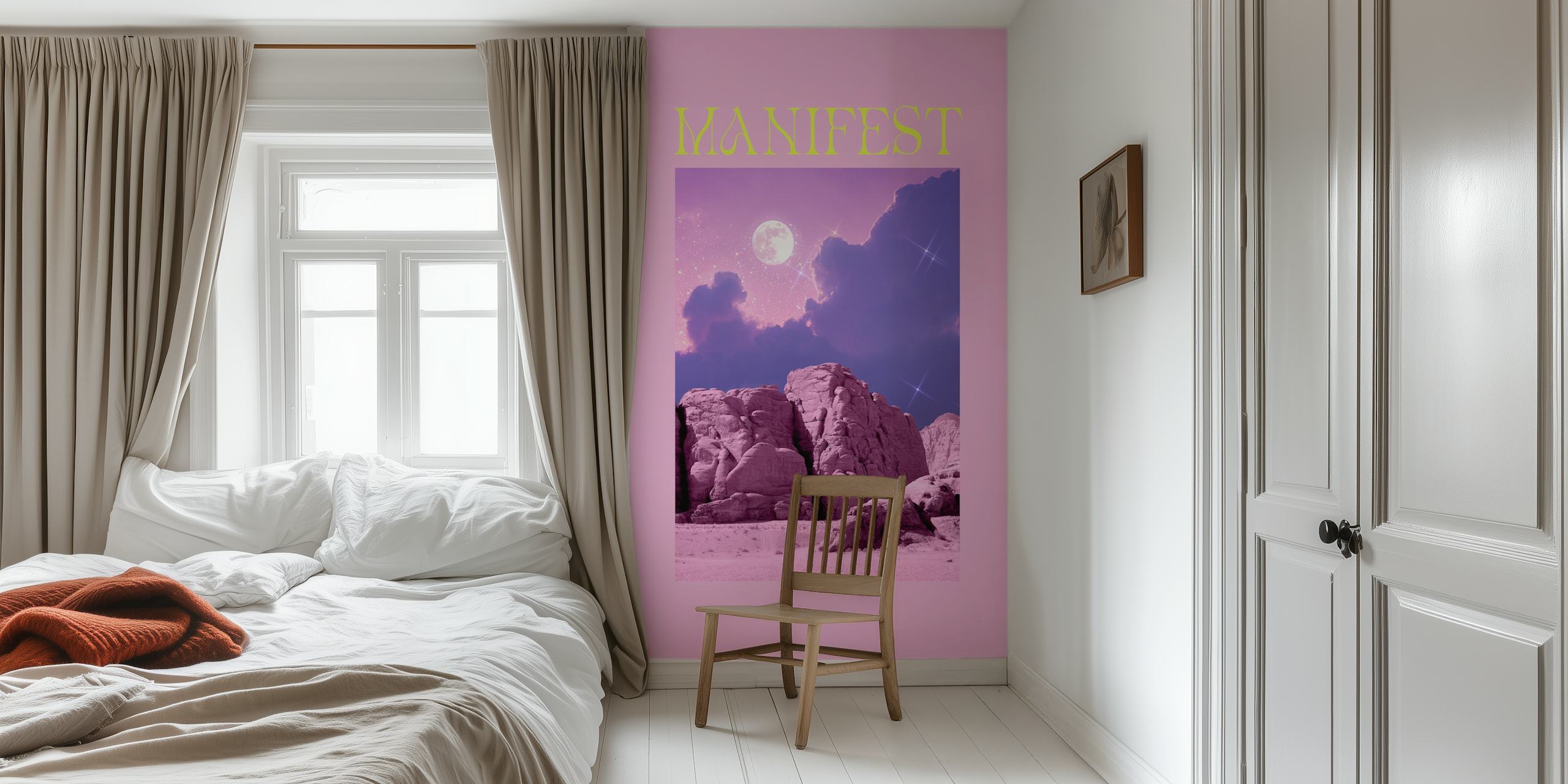 Celestial scene with moon and pink rocky landscape wallpaper