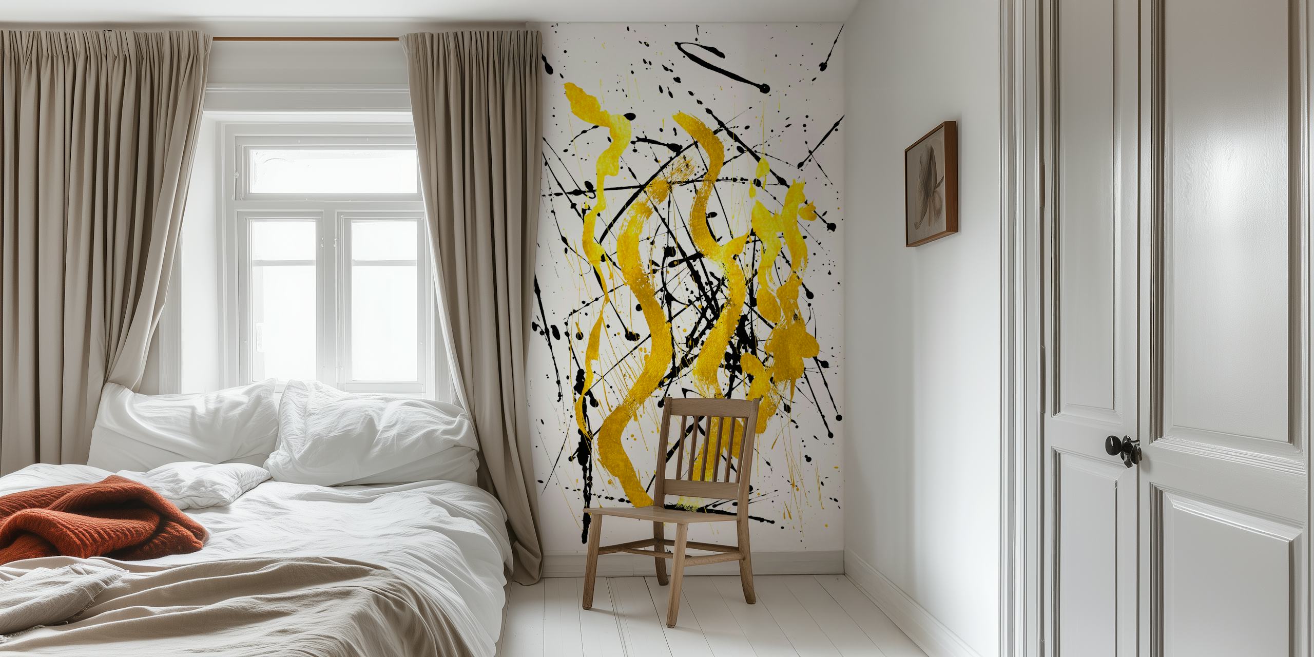 Black and Gold Abstract Strokes tapet i ett rum