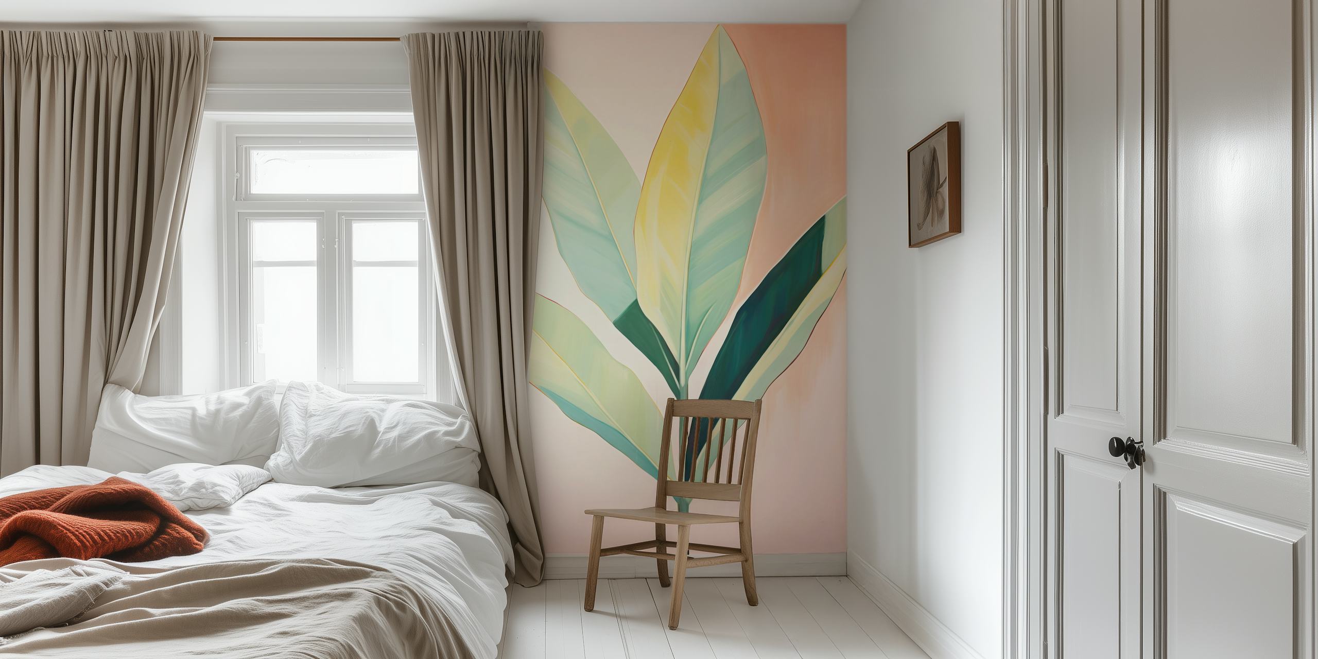 Tropical wallpaper featuring stylish leaves in a room