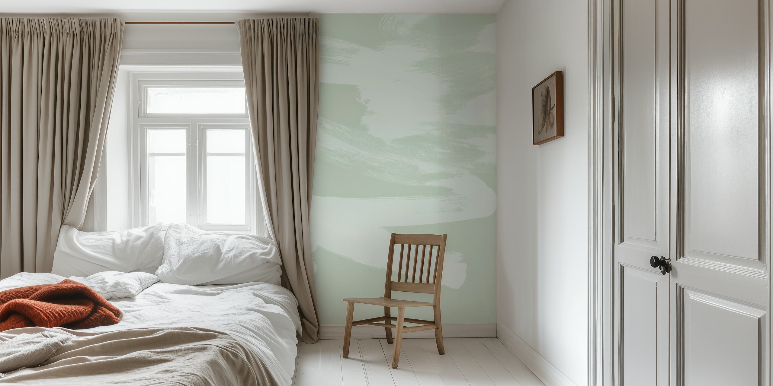 Pale green brushstroke wallpaper in a room