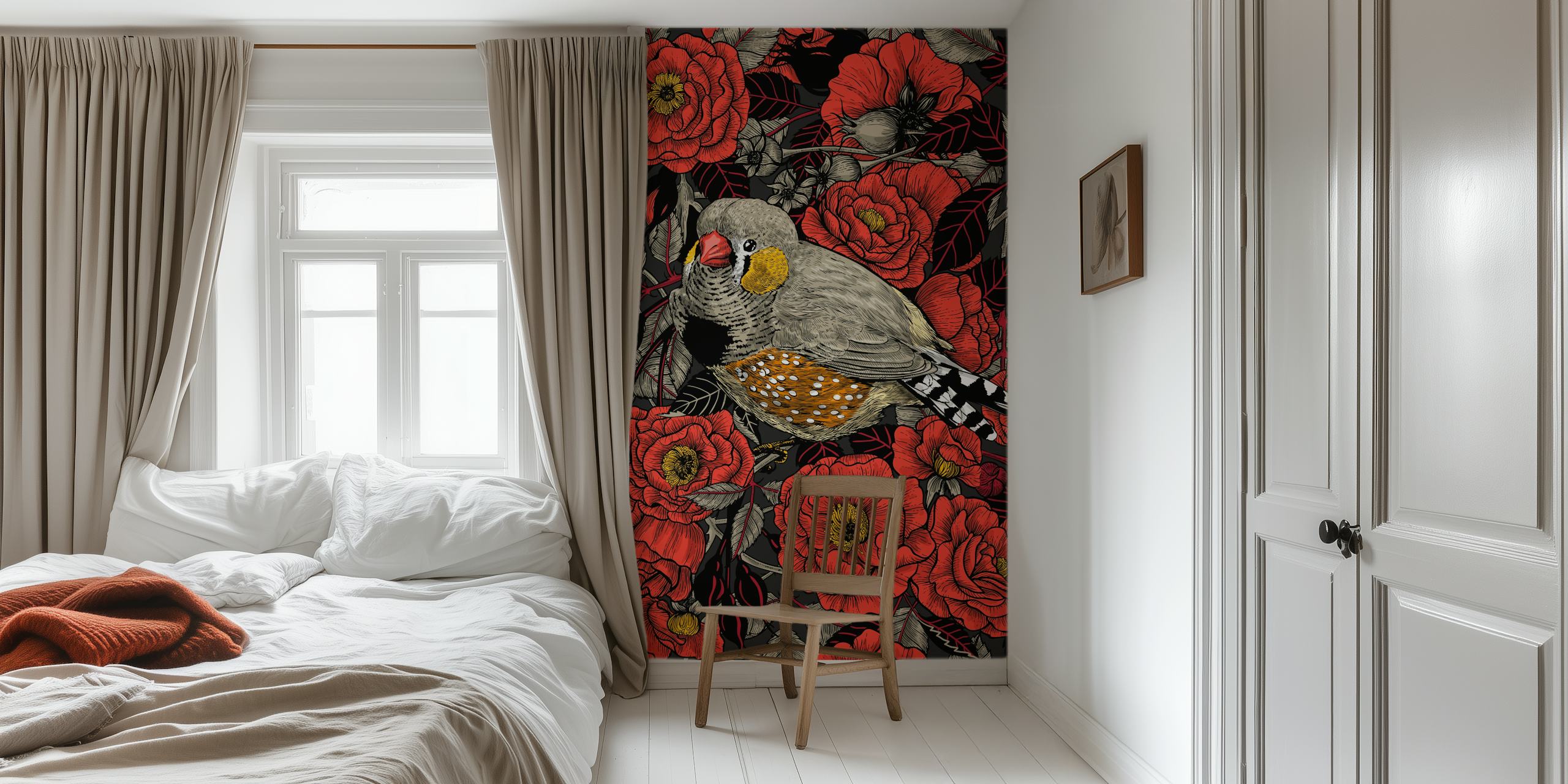 Zebra finch wallpaper with red flowers