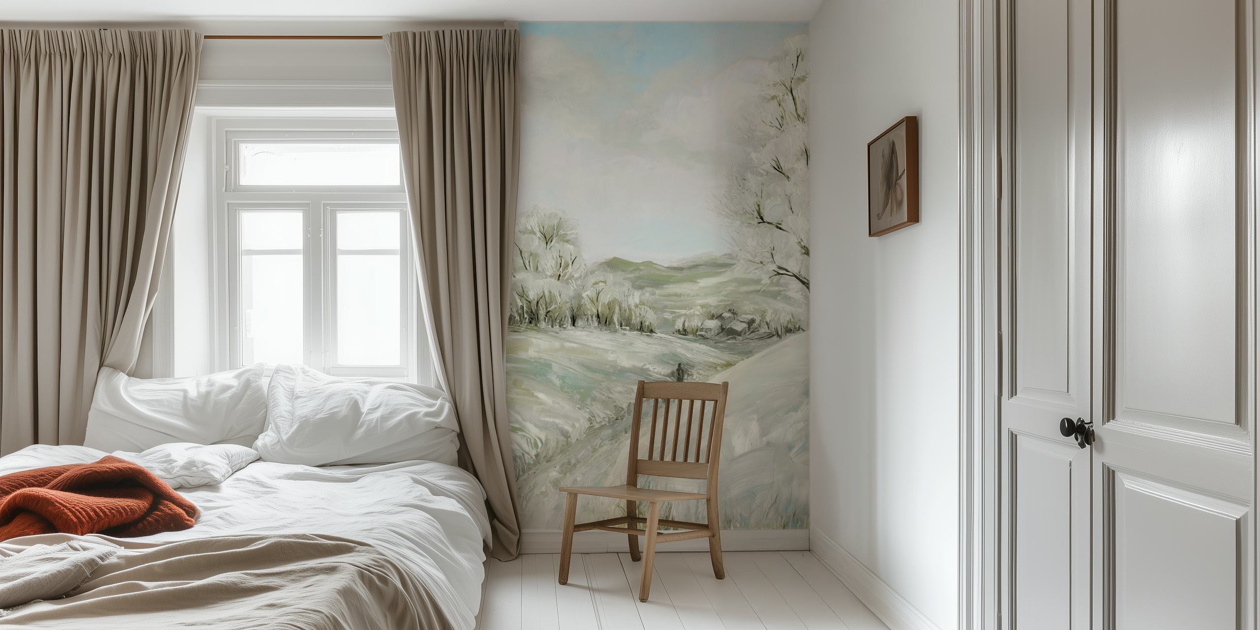 Winter landscape scene with snow-covered trees and hills wallpaper