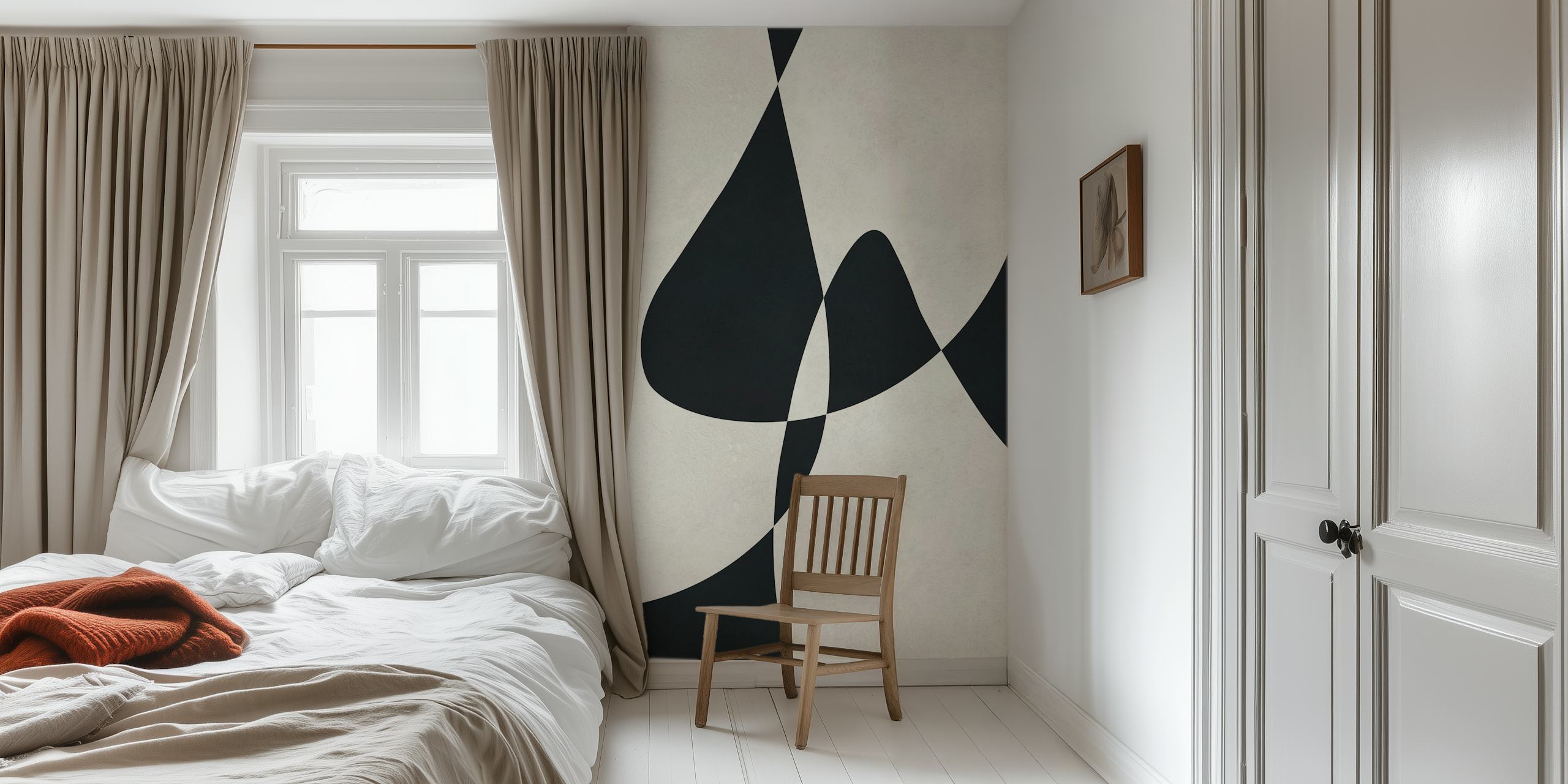 Papel de parede Monochrome Abstract Curves em um quarto