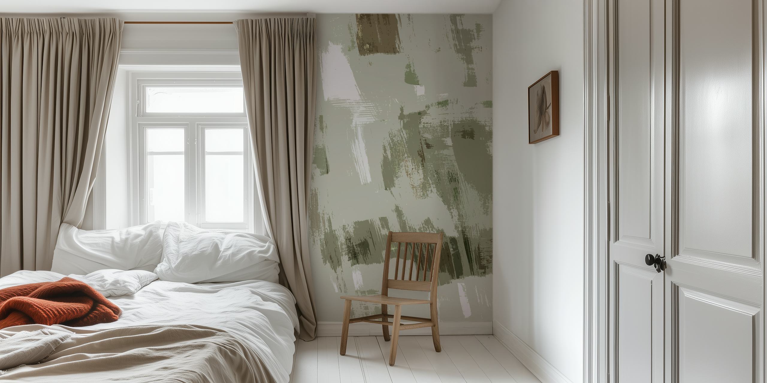 Abstract brush strokes in soft green and white colors wallpaper