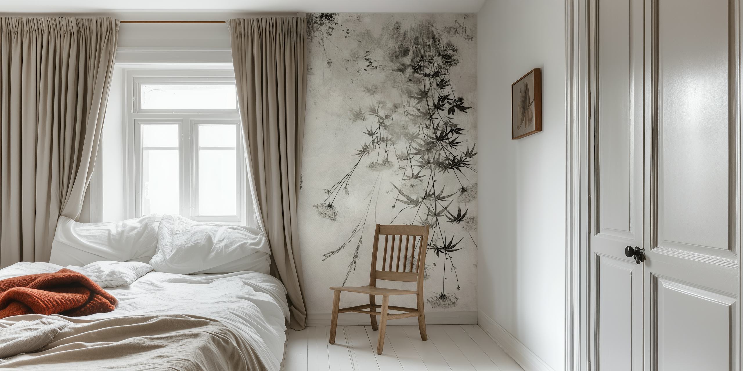 Black and white floral design with leaves and flowers wallpaper