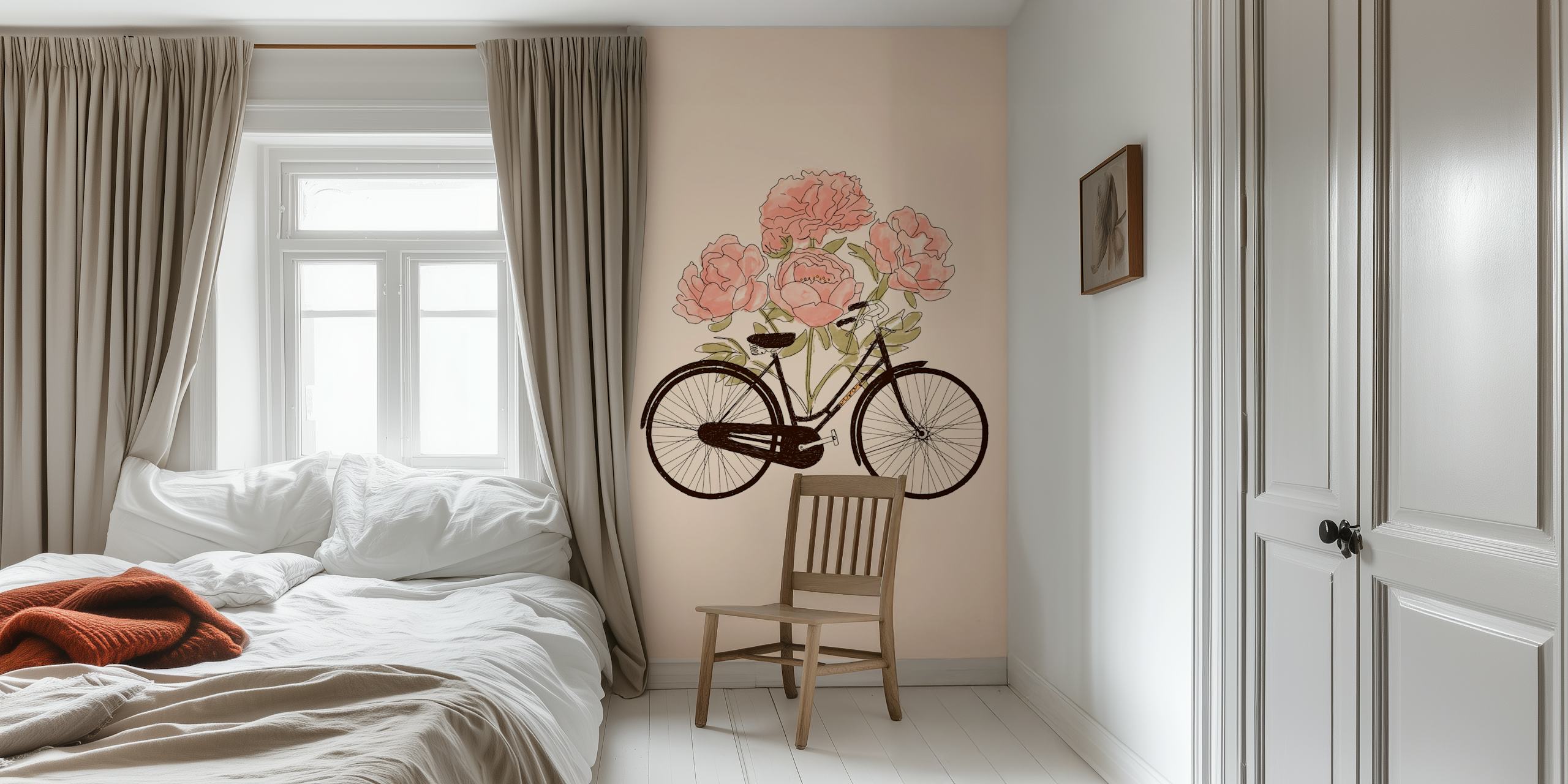 Vintage bike with pink peonies on a soft beige background wallpaper