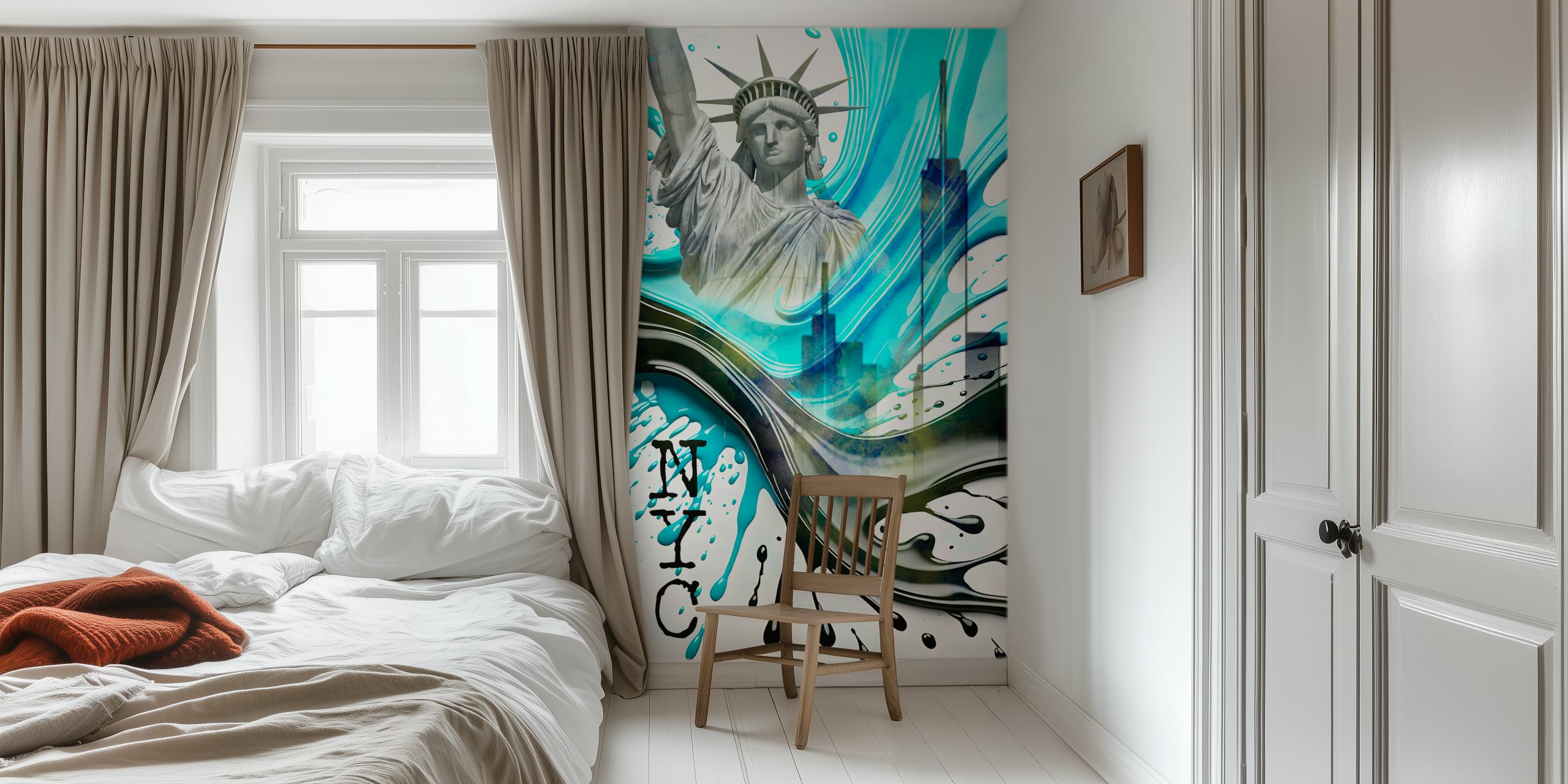 NYC Art Splash turquoise wallpaper with abstract waves and iconic skyline