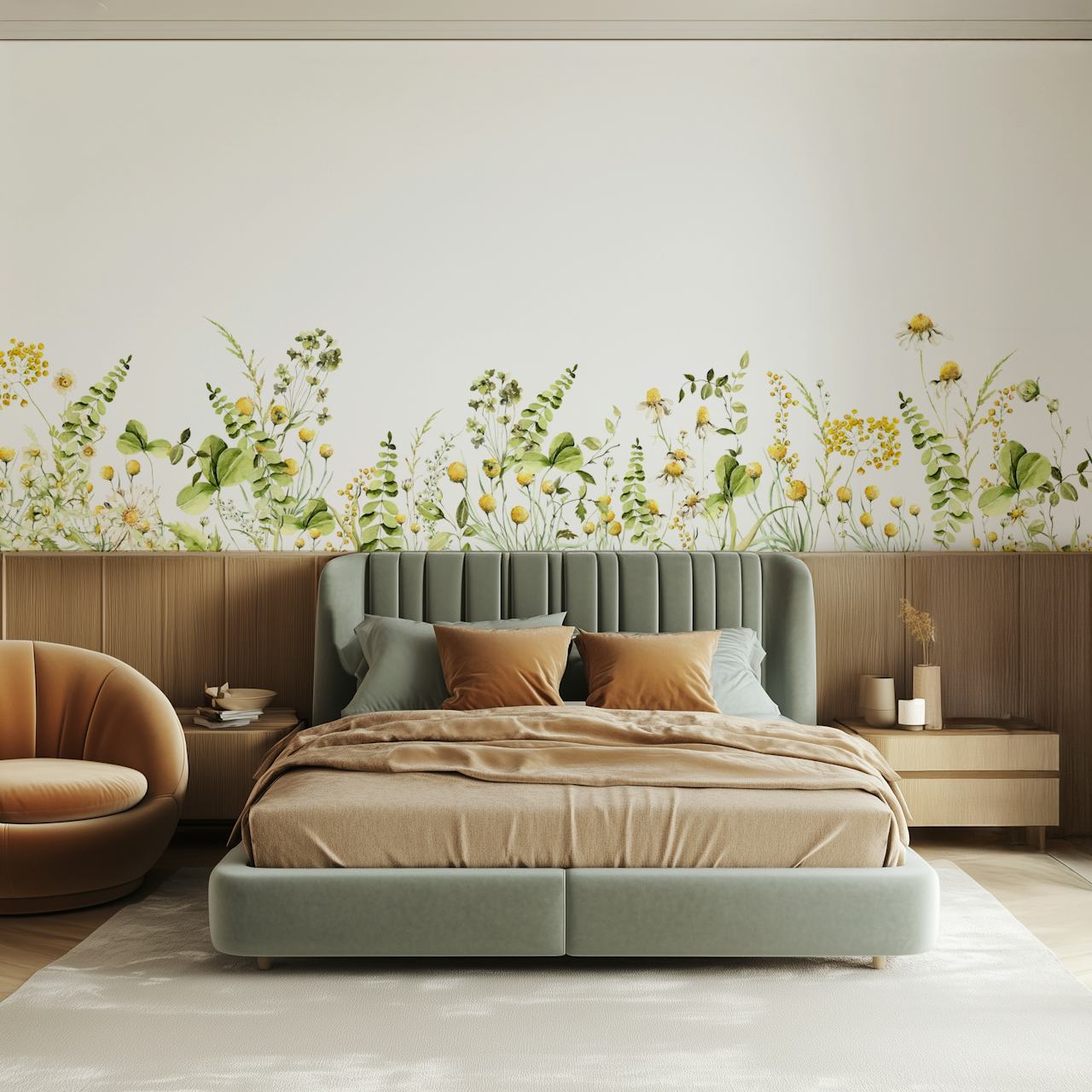 Botanical floral design with yellow flowers and green leaves wallpaper