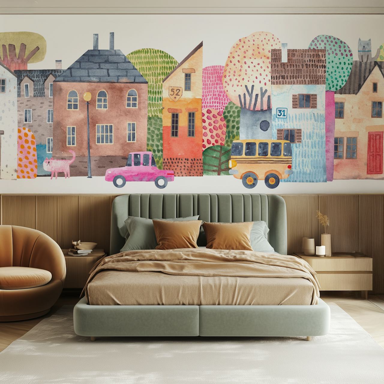 Colorful houses and trees with cars in Happy Town wallpaper