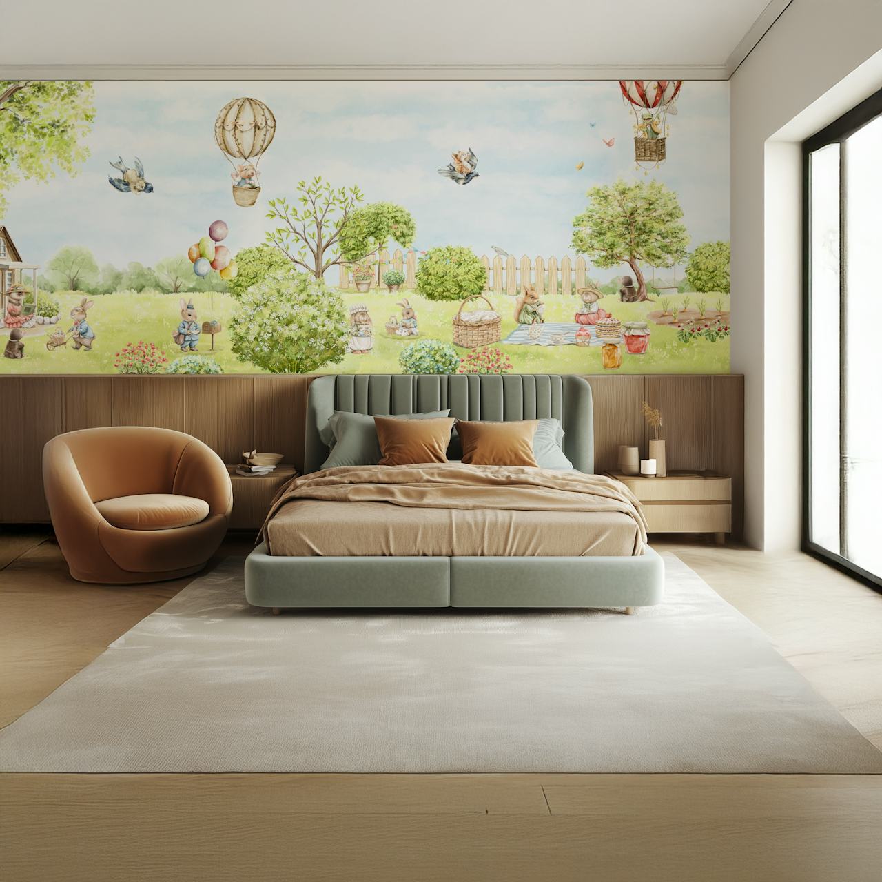 Whimsical woodland adventure wallpaper in a room