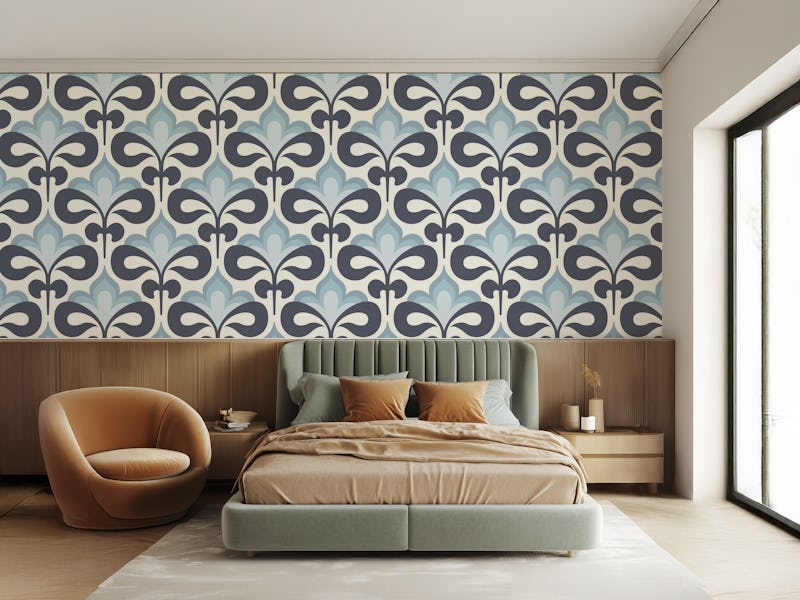 Modern Retro Abstract Flowers Navy Grey
