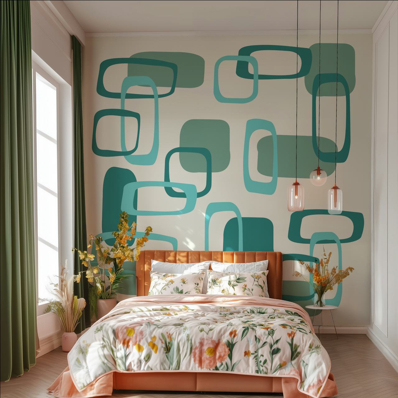 papel tapiz Mid Century Squares Pattern II en una habitación