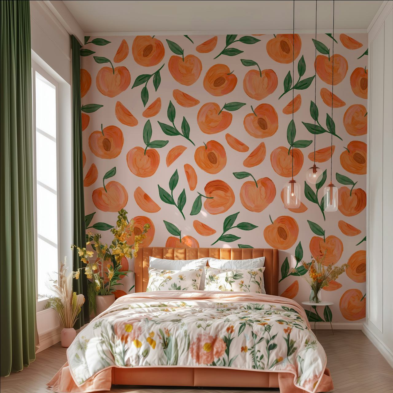 Peach and green leaf pattern on light pink wallpaper