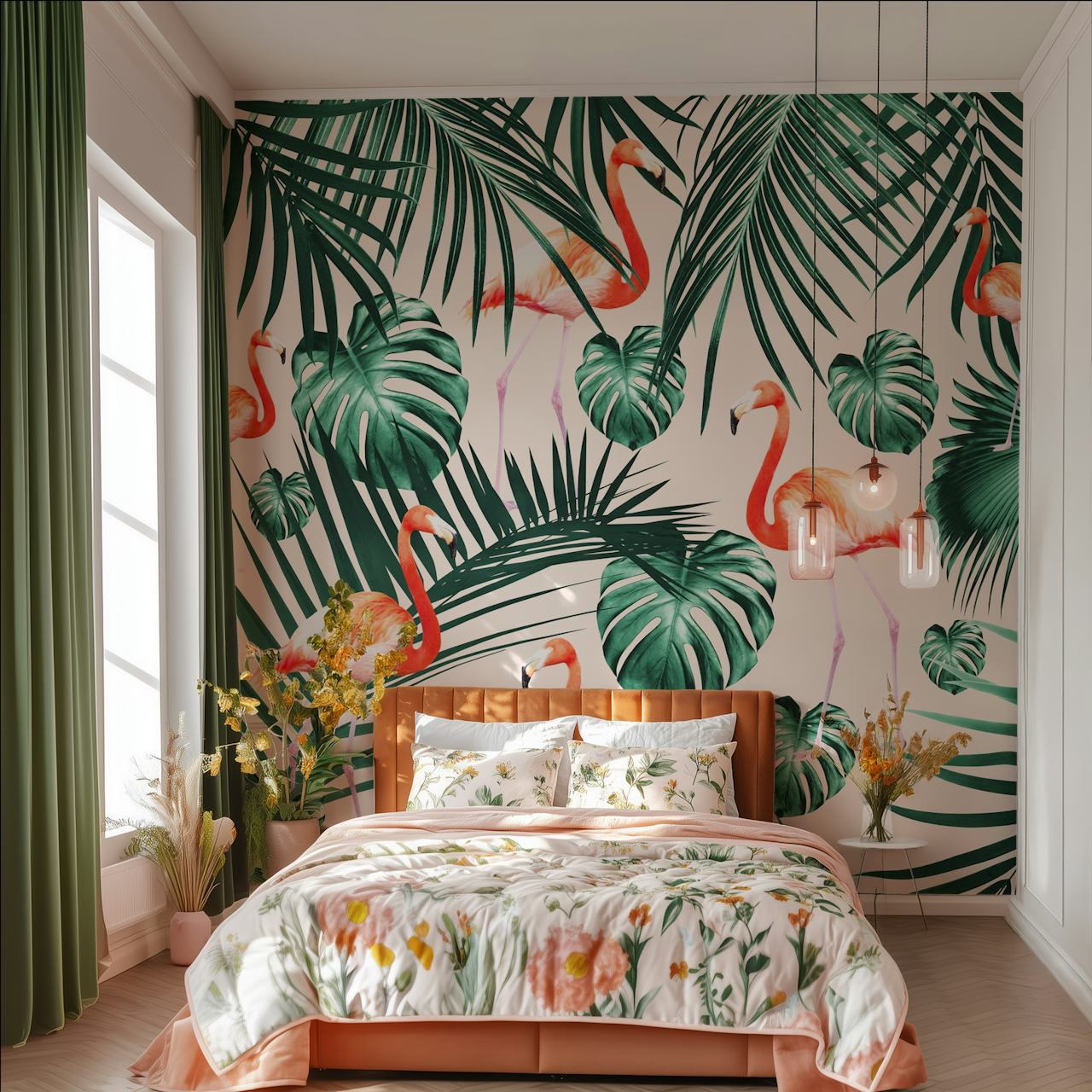 Tropical Flamingo 2 wall mural with flamingos and green foliage on a pink background