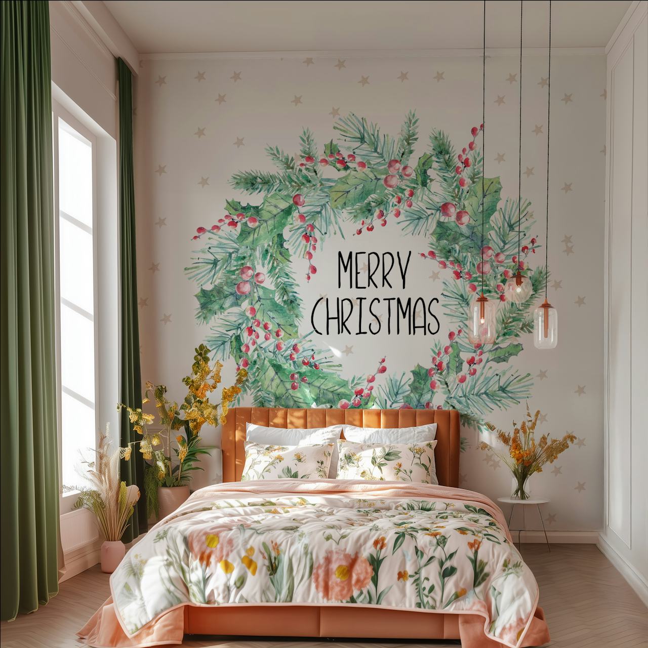Christmas wreath wallpaper design in a room