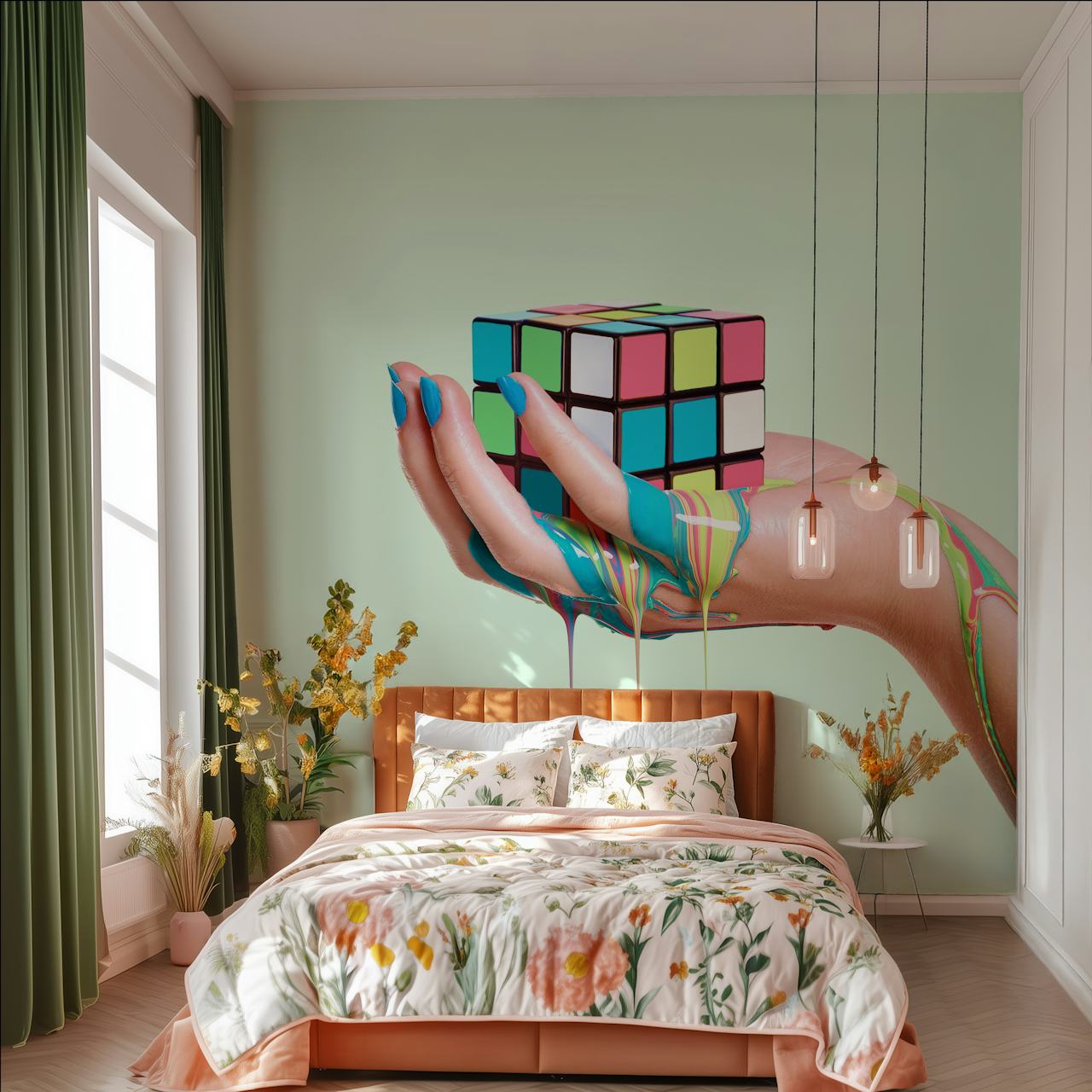 Colorful abstract Rubik's Cube held in a hand with dripping paint wallpaper